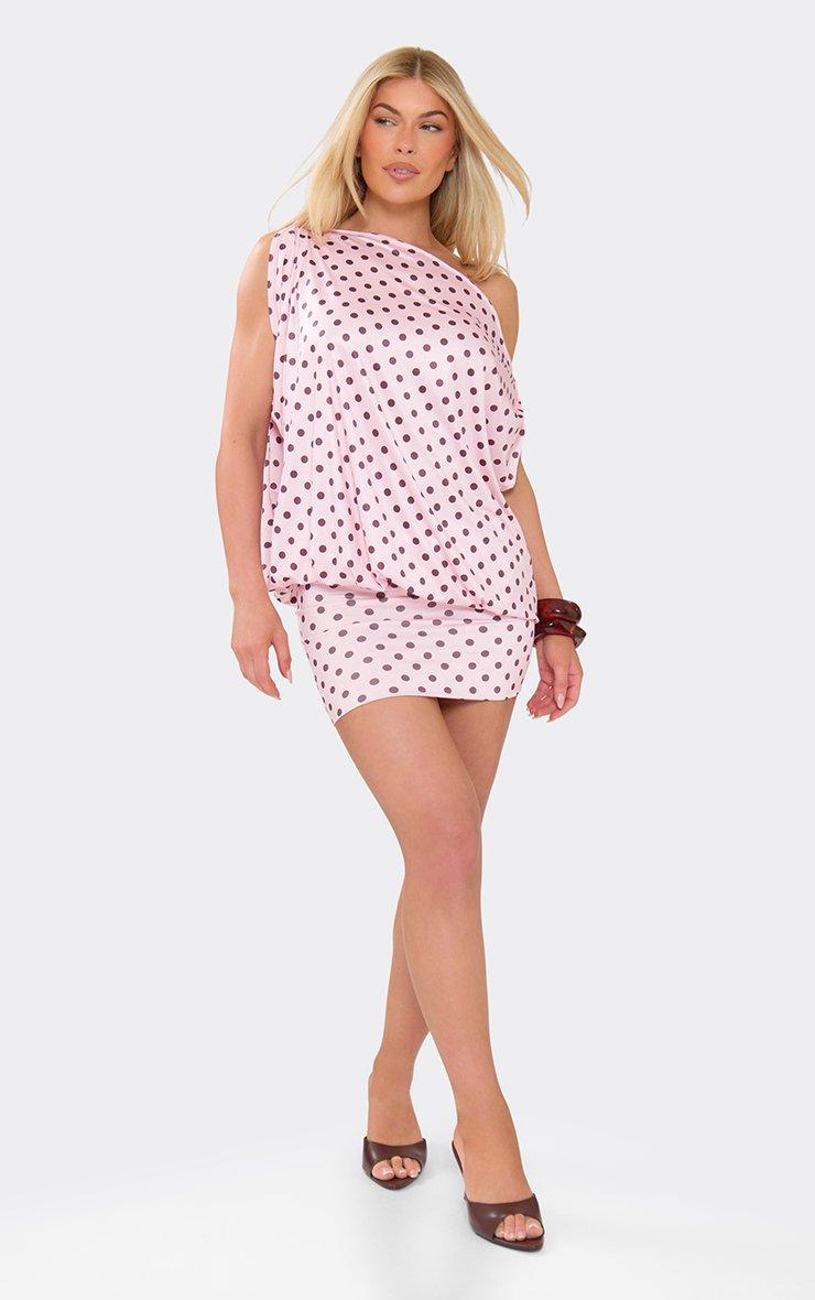 Off The Shoulder Draped Asymmetric Mini Dress In Baby Pink Polka Dot Slinky  | EGO US | EGO