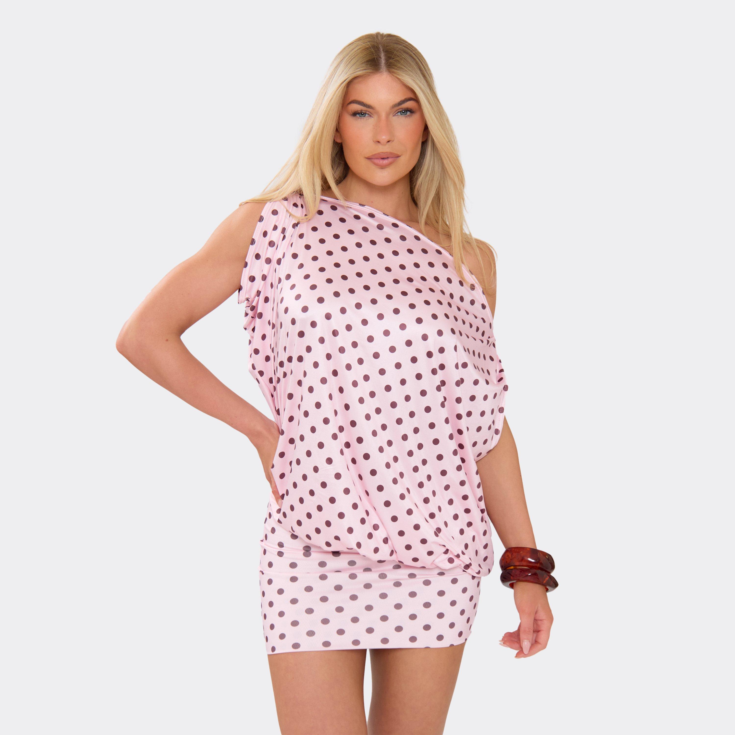 Off The Shoulder Draped Asymmetric Mini Dress In Baby Pink Polka Dot Slinky, Women’s