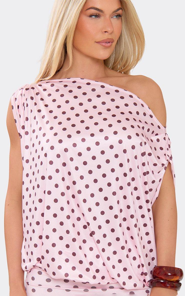 Off The Shoulder Draped Asymmetric Mini Dress In Baby Pink Polka Dot Slinky  | EGO UK