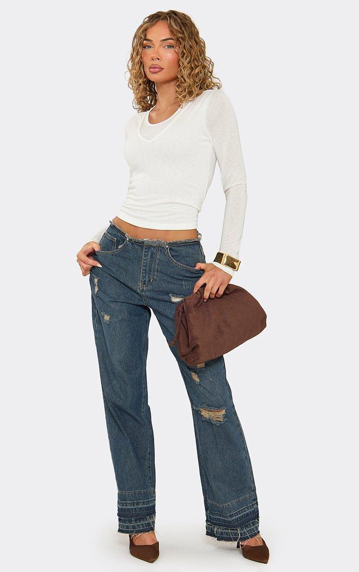 46287 Low Rise Frayed Distressed Hem Detail Straight Leg Jeans In Blue