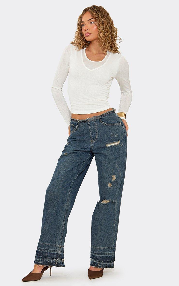 Low Rise Distressed Detail Frayed Hem Straight Leg Jeans Blue Washed Denim.
