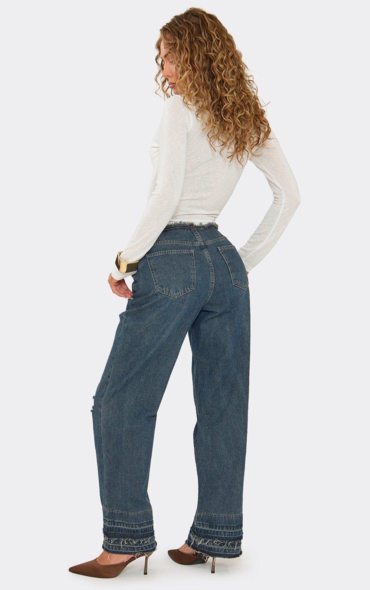 46287 Low Rise Frayed Distressed Hem Detail Straight Leg Jeans In Blue