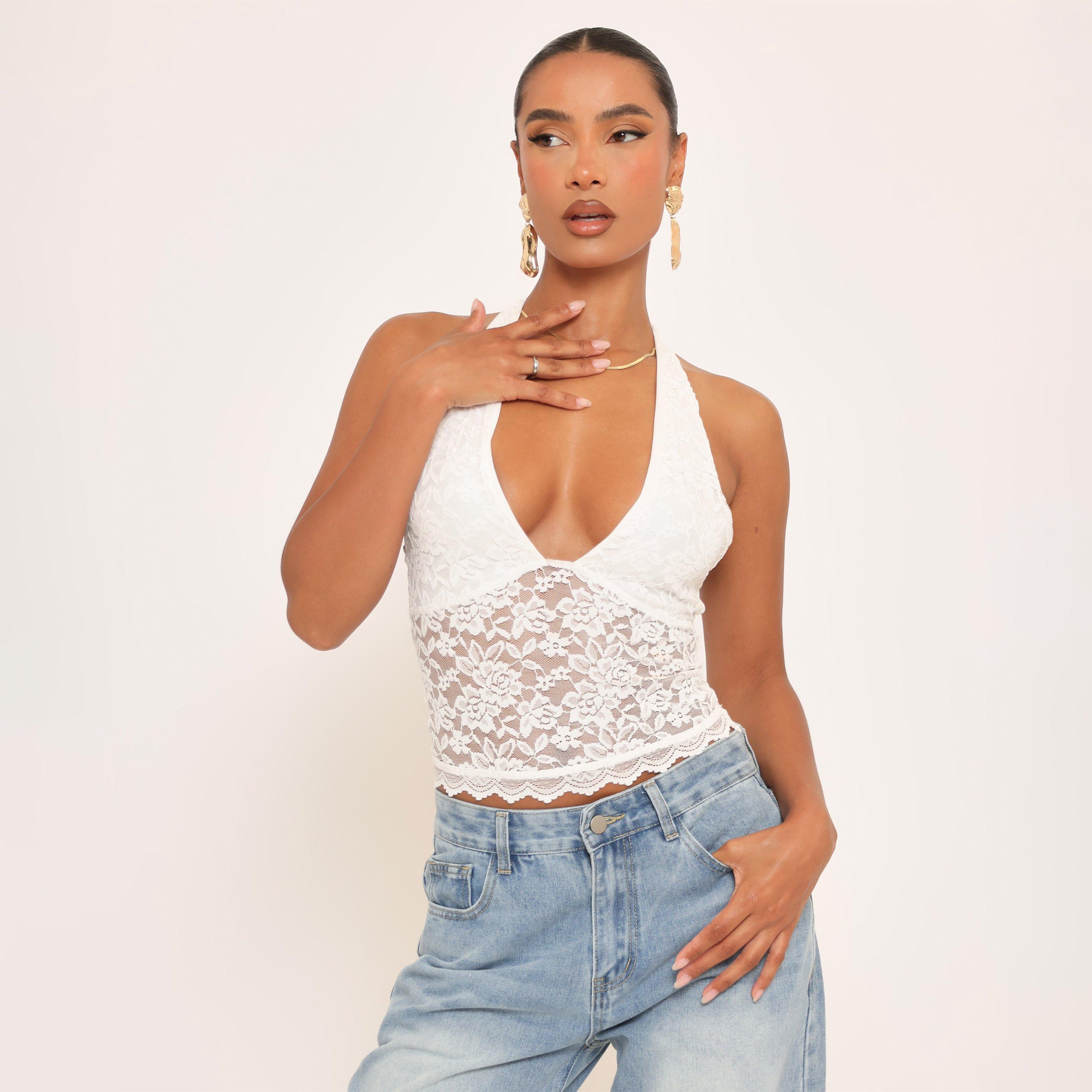 Image of Halterneck Plunge Front Top In White Lace, Women's Size UK L