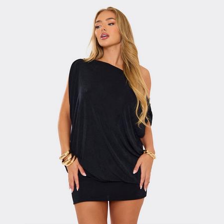 Off The Shoulder Draped Asymmetric Mini Dress In Black, Women's Size US