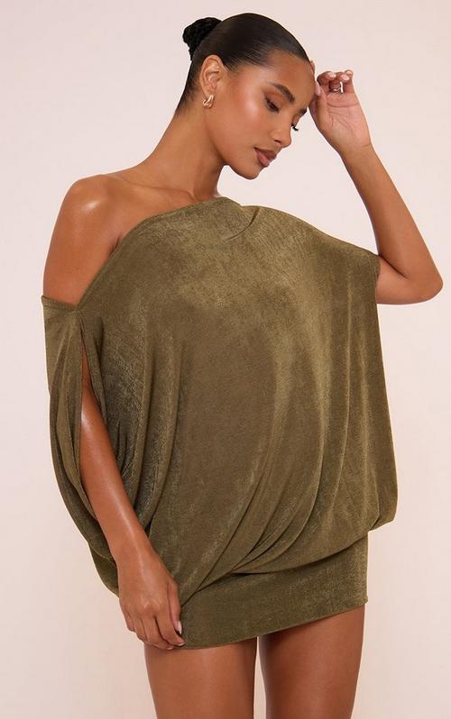 off the shoulder draped asymmetric mini dress in brown Chocolate | EGO UK Maxi dress