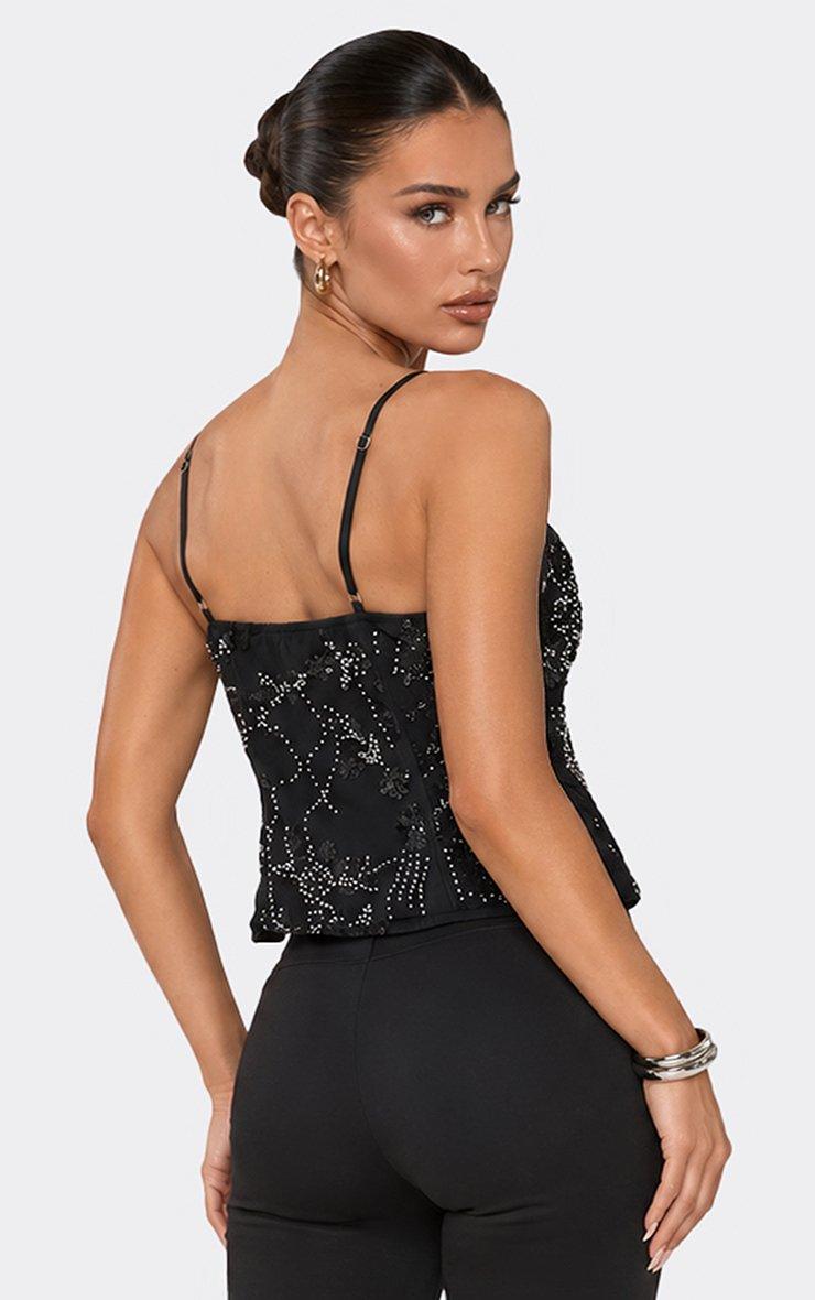 Sleeveless Plunge Front Cami Top In Black Floral Sequin.