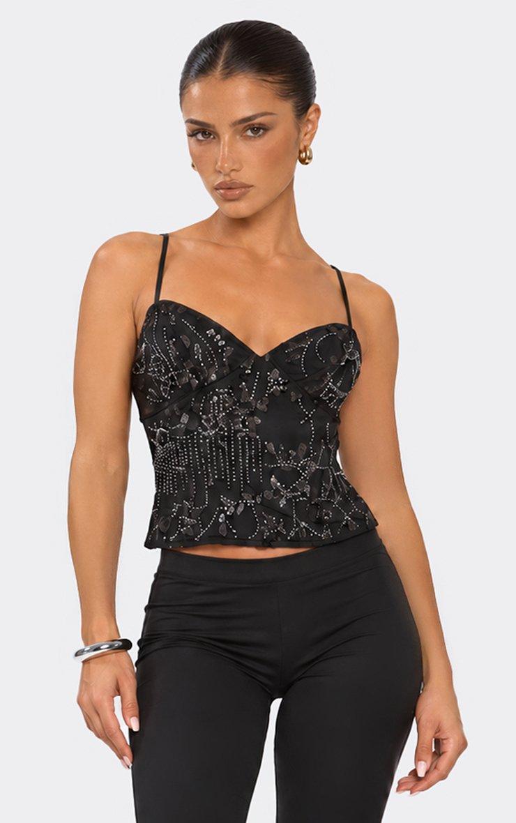 Sleeveless Plunge Front Cami Top In Black Floral Sequin.