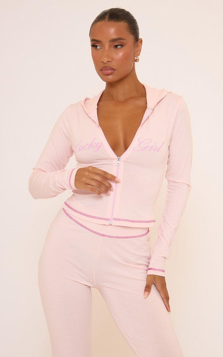 Long Sleeve 'Lucky Girl' Graphic Detail Zip Up Front Fitted Hoodie In Pink