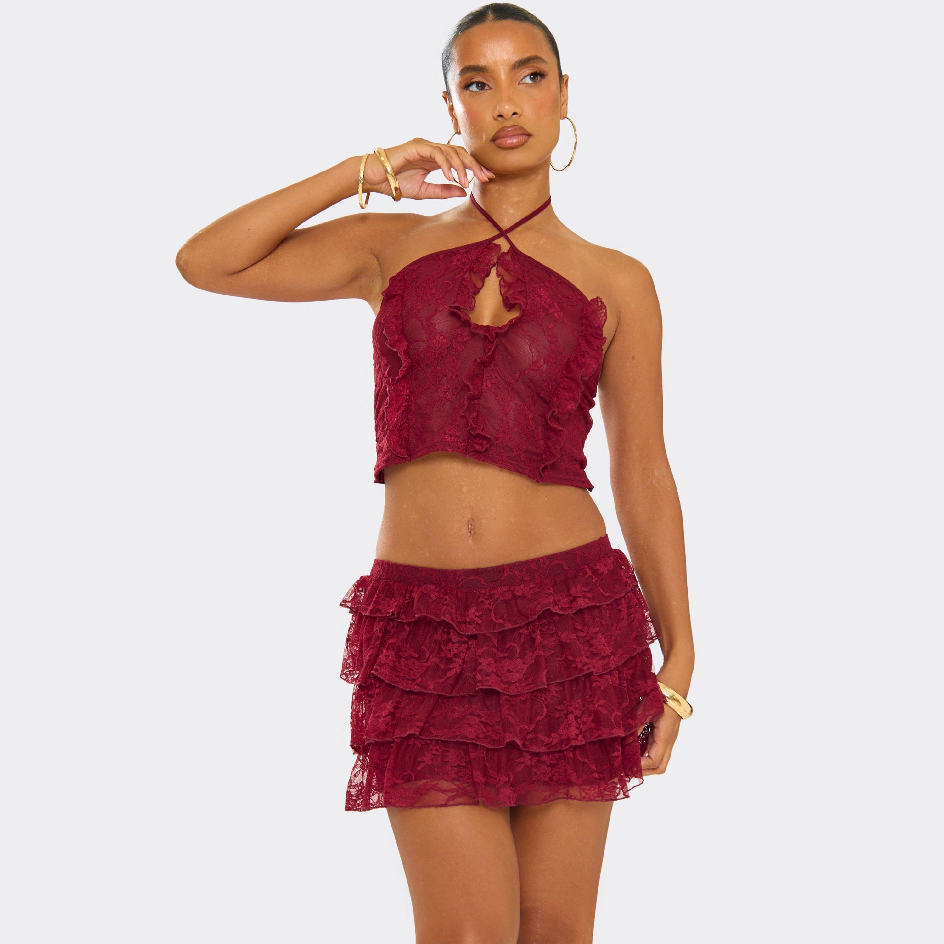 Image of Halterneck Keyhole Cut Out Frill Draped Top In Burgundy, Women's