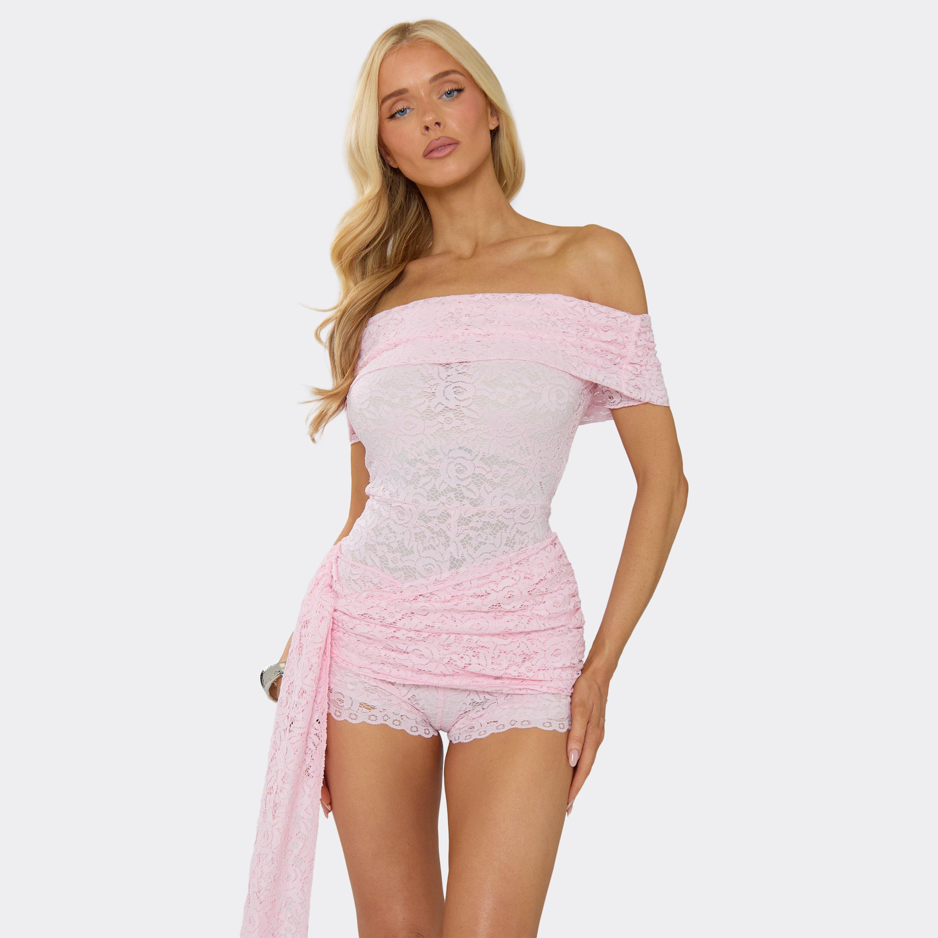 Image of Bardot Tie Waist Detail Playsuit In Pink Lace, Women's