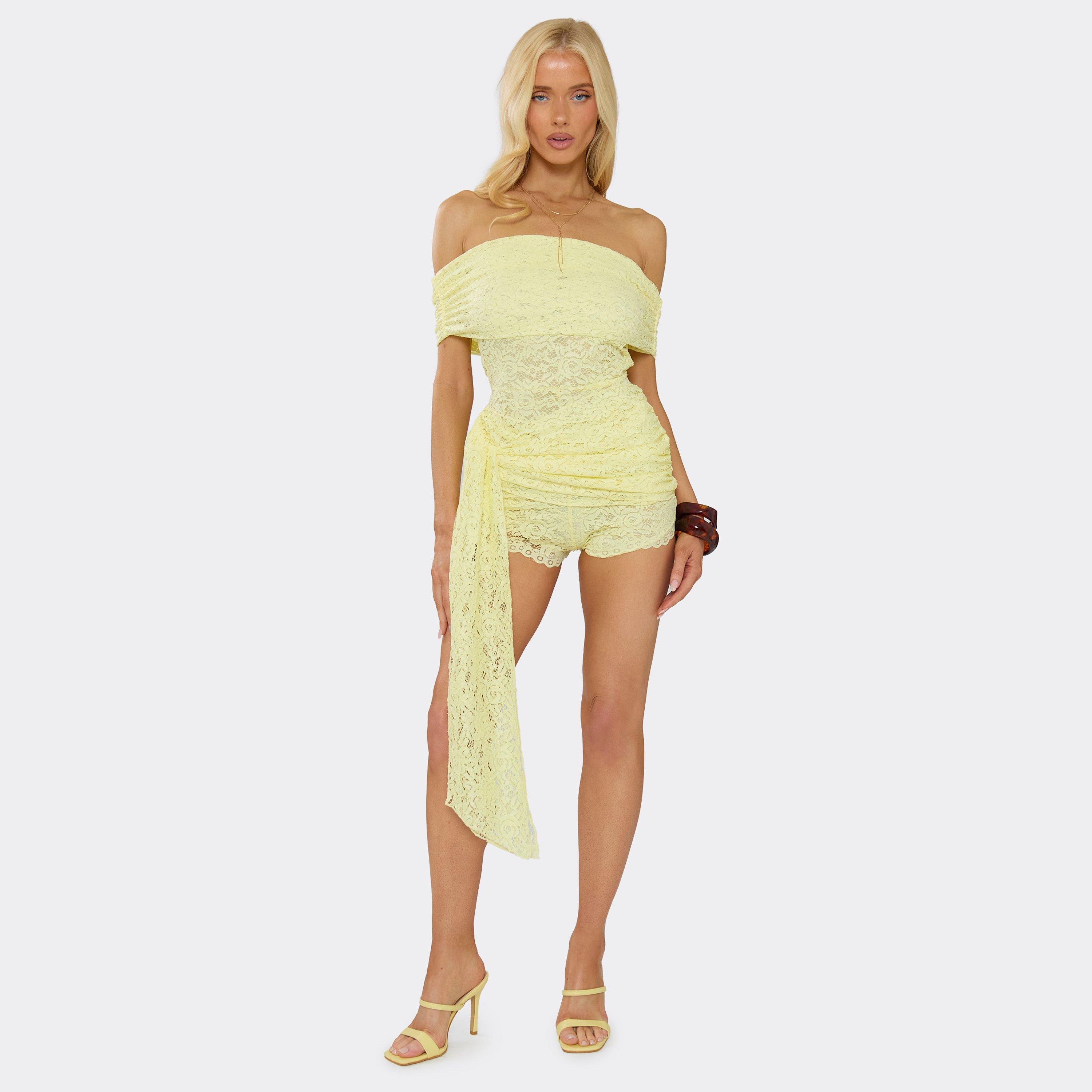 Bardot Tie Waist Detail Playsuit In Yellow Lace, Women’s