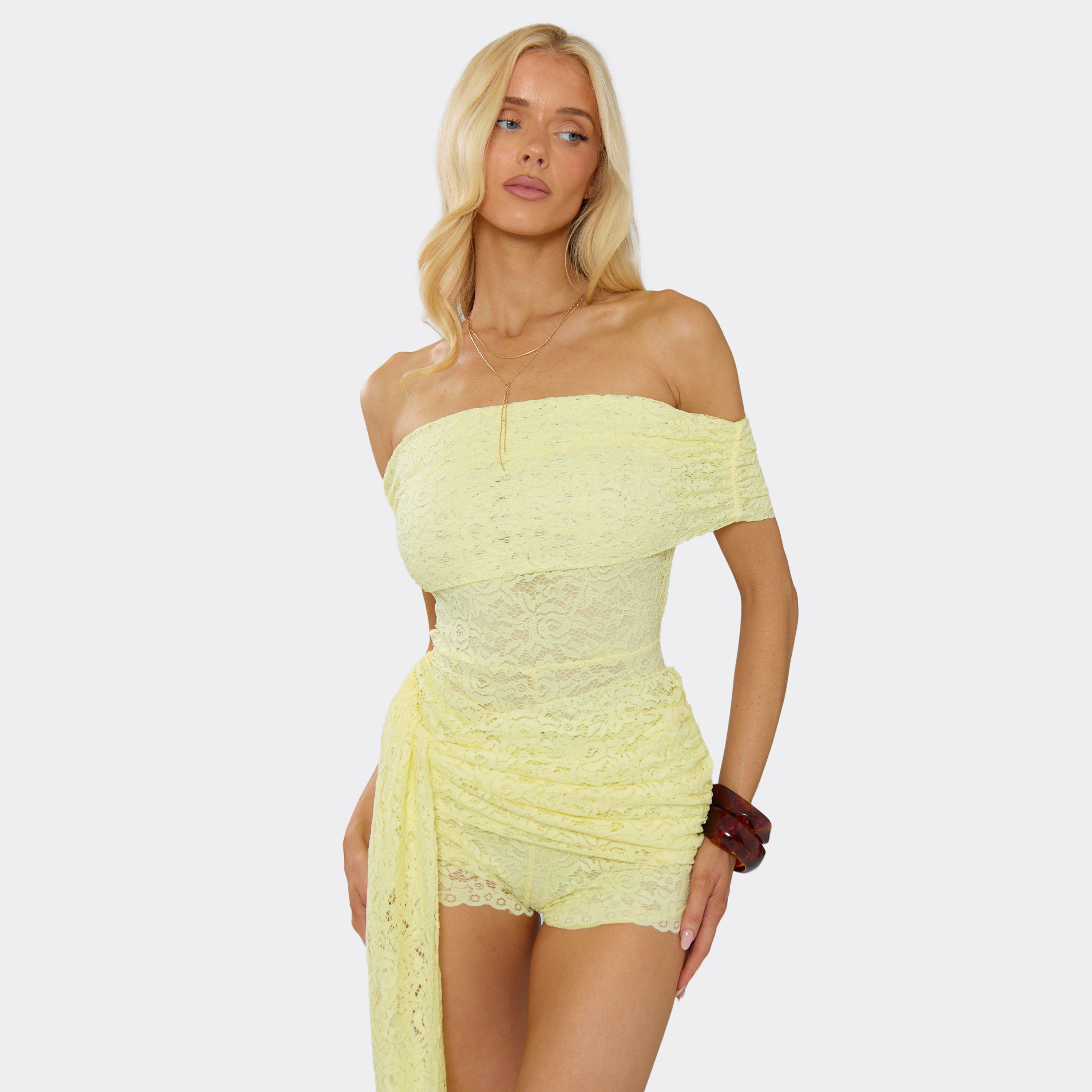 Image of Bardot Tie Waist Detail Playsuit In Yellow Lace, Women's