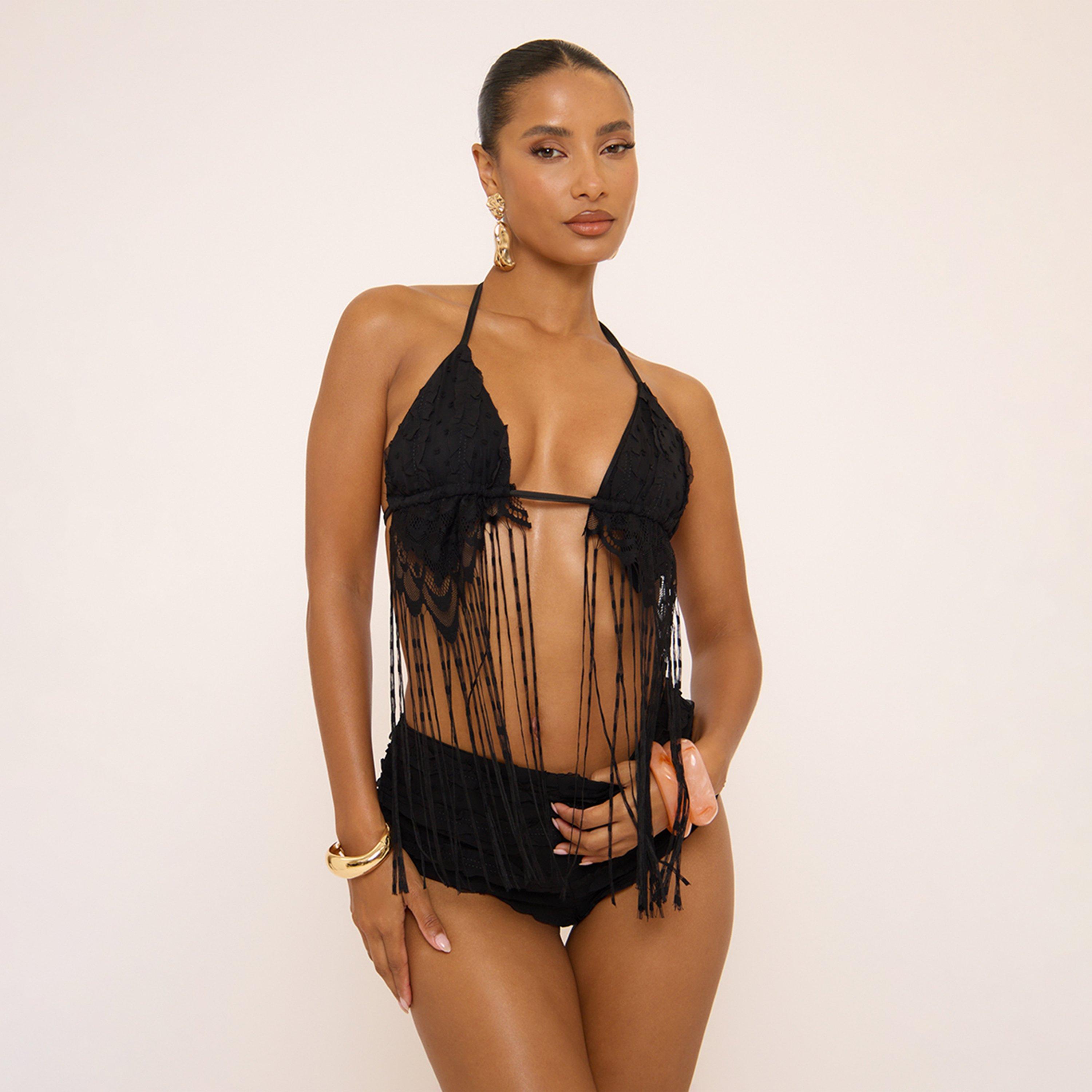 Image of Halterneck Ruffle Fringe Detail Bralet In Black, Women's