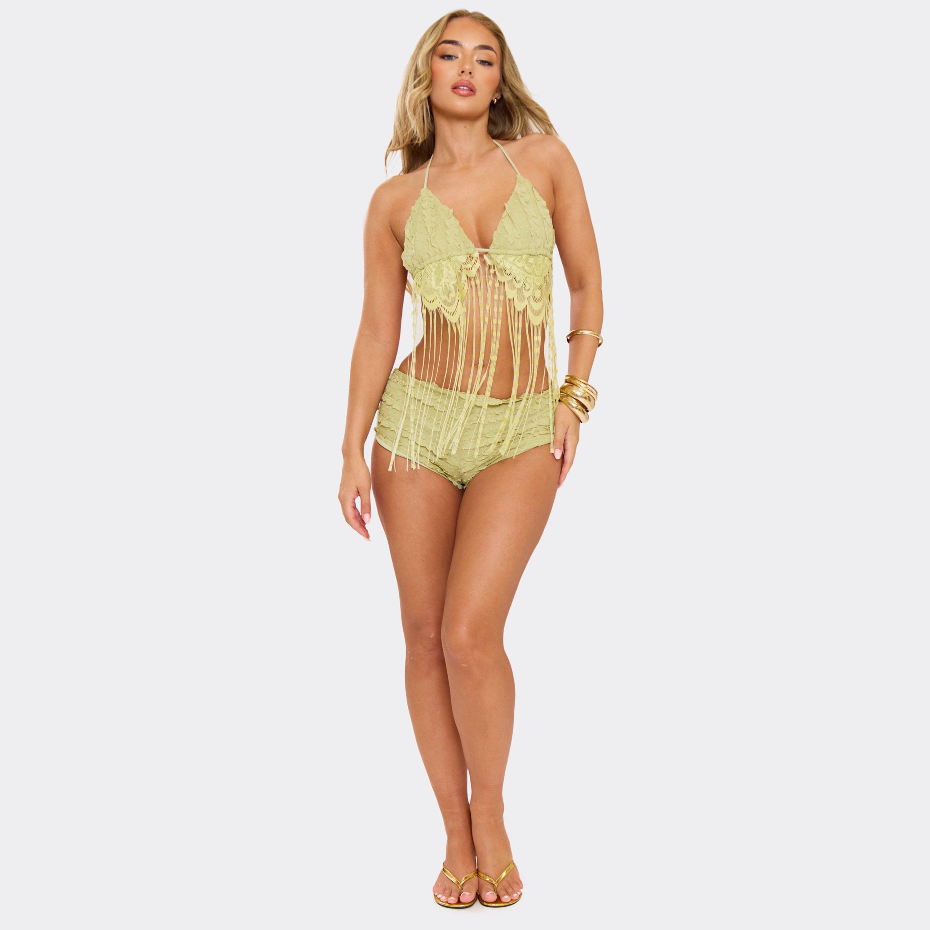 Low Rise Ruffle Detail Knicker Shorts In Green, Women’s