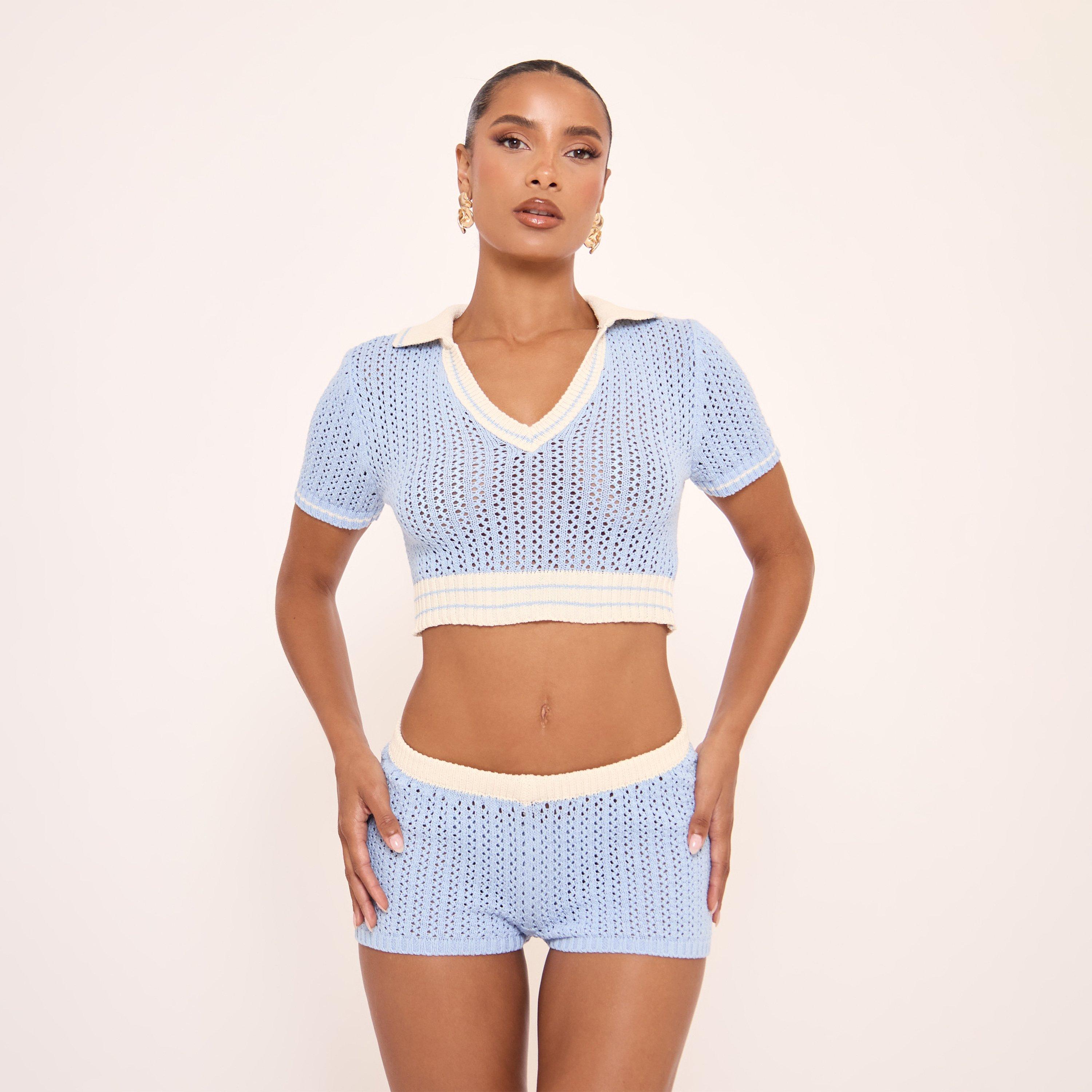 Short Sleeve Plunge Neck Collared Cropped Polo Shirt In Blue