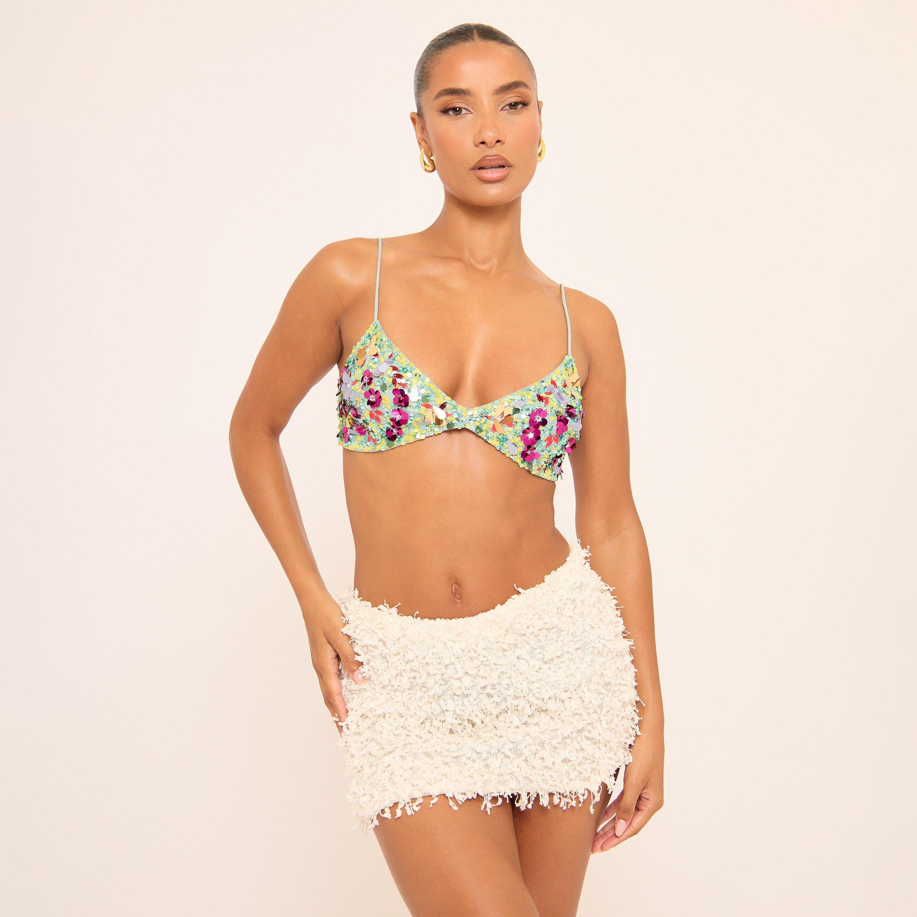 Image of Floral Detail Bralet Top In Blue Multi Sequin, Women's