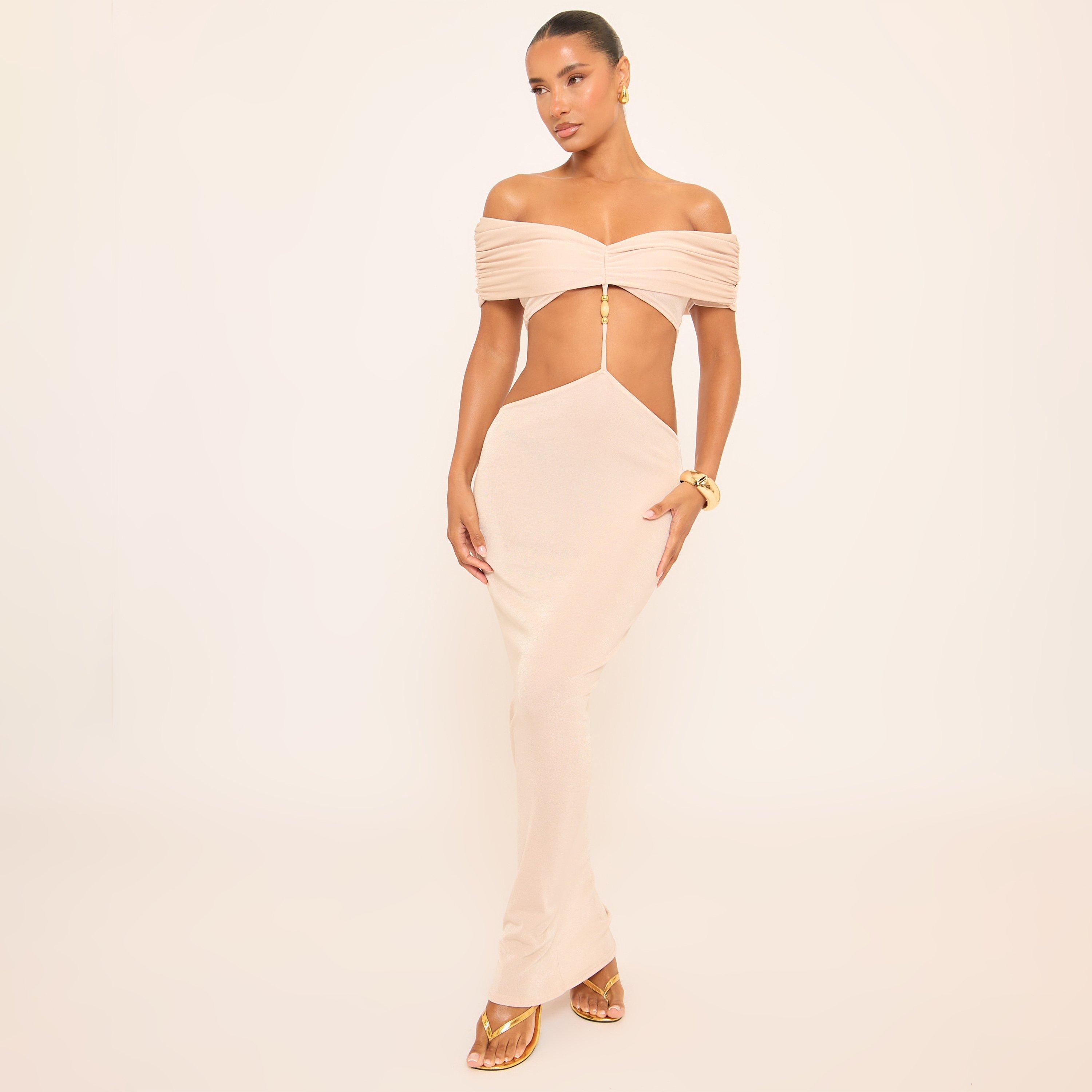 Bardot Beaded Trim Detail Cut Out Maxi Dress In Champagne, Women’s