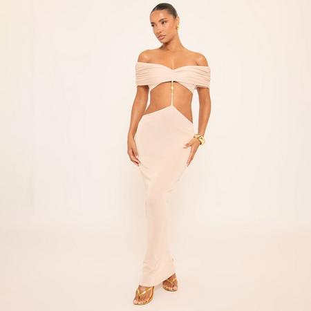 Bardot Beaded Trim Detail Cut Out Maxi Dress In Champagne, Women's Size US