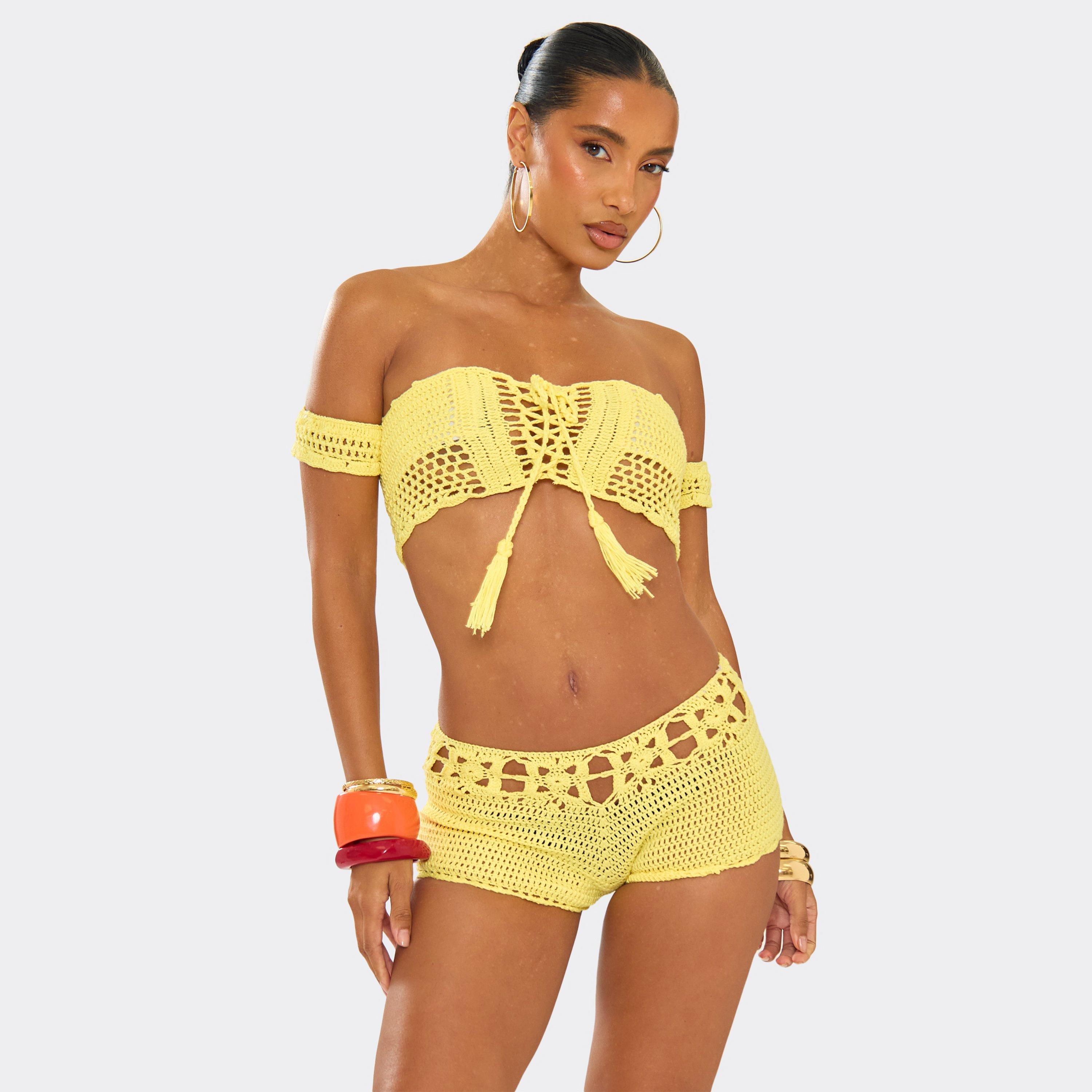 Image of Reversible Bardot Tie Front Detail Crop Top In Yellow Crochet Knit, Women's Size UK L