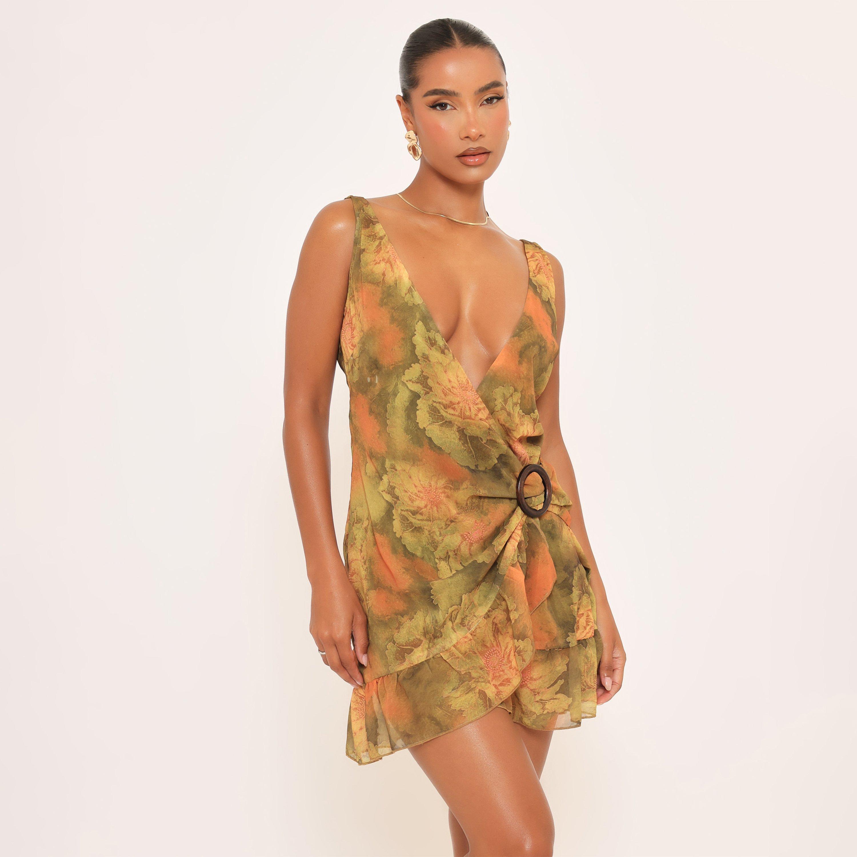 Sleeveless Plunge Front Trim Detail Mini Dress In Multi Abstract Print, Women's Size UK 6