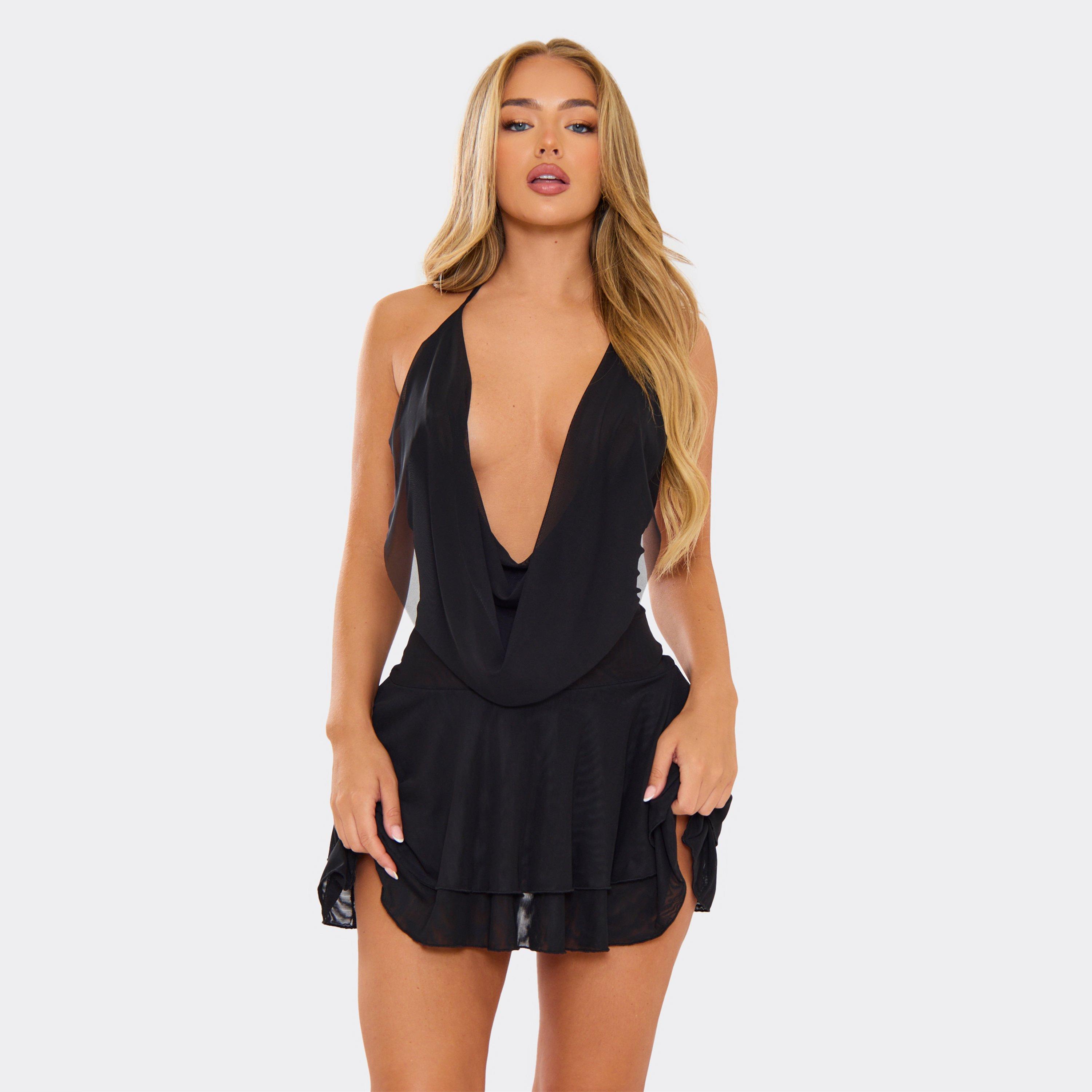 Halterneck Layered Hem Sheer Mini Dress In Black, Women’s