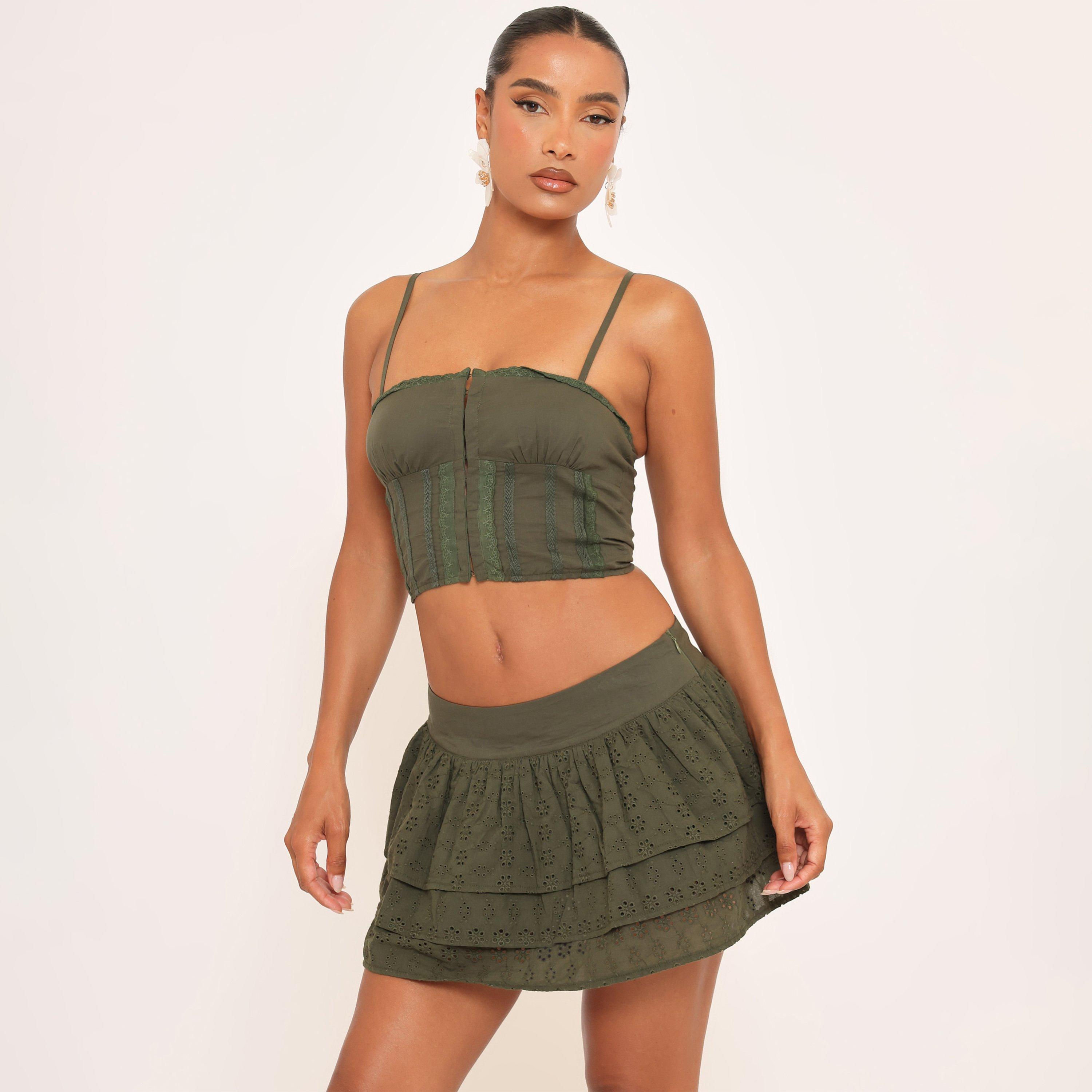 Strappy Hook And Eye Lace Trim Detail Top In Khaki Green, Women's Size UK 10