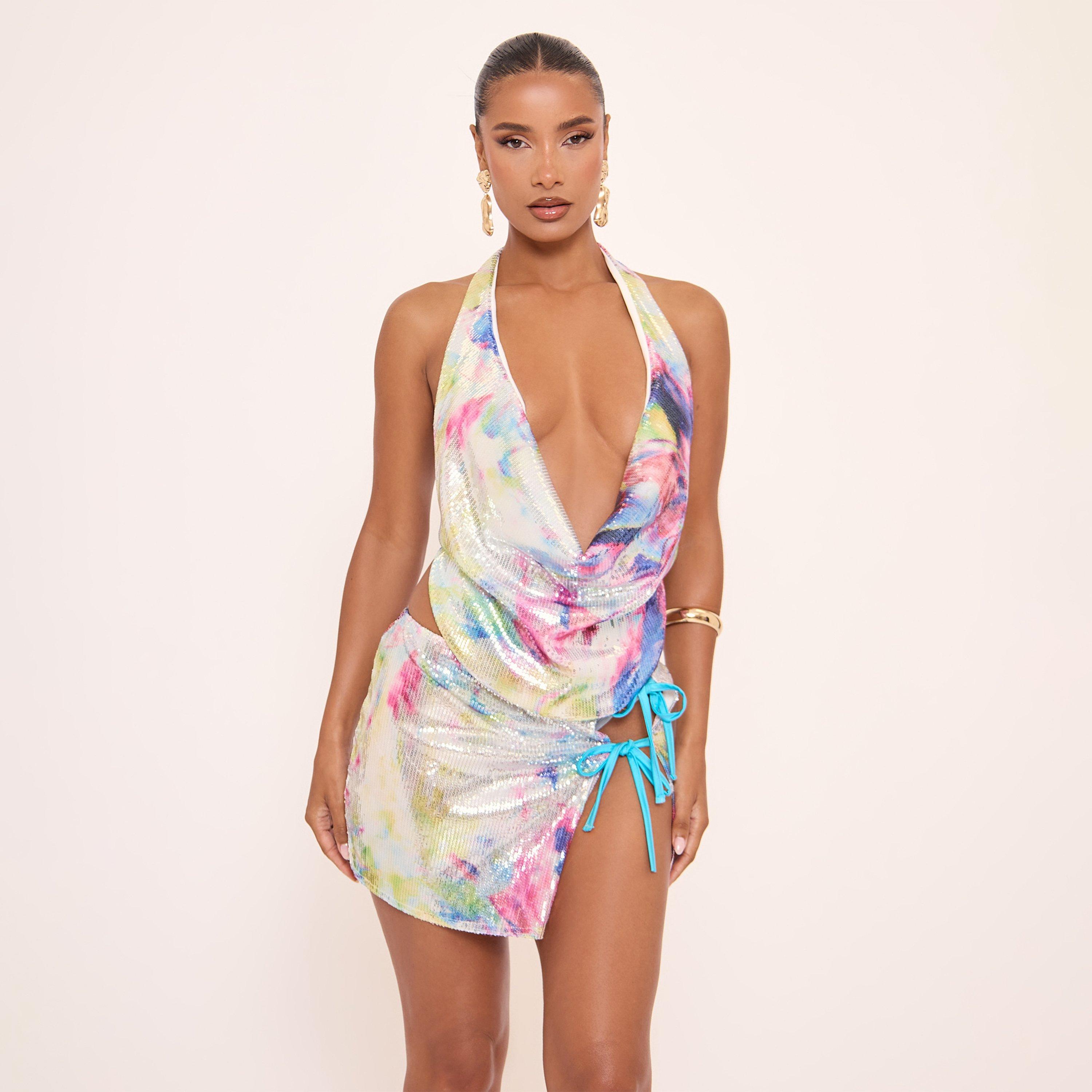 Cowl Halterneck Contrast Strap Detail Open Back Top In Multi Tie Dye Sequin, Women's Size UK 6