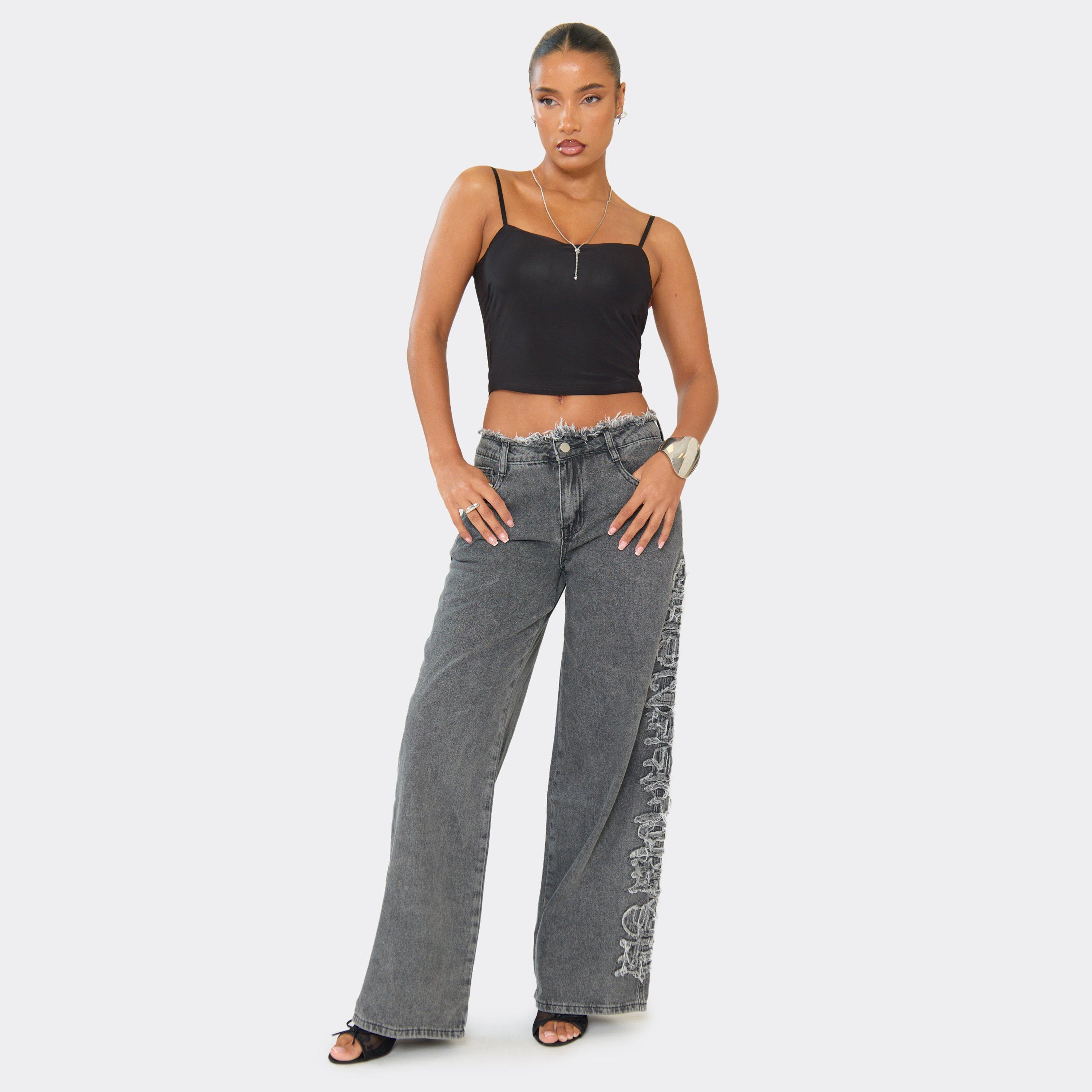 Low Rise Frayed Waist Established Graphic Detail Wide Leg Jeans In Black Denim, Women's Size UK 6
