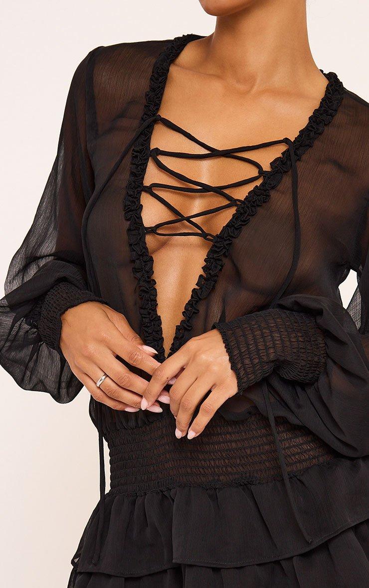 Long Sleeve Lace Up Front Frilled Mini Dress In Black | EGO US | EGO
