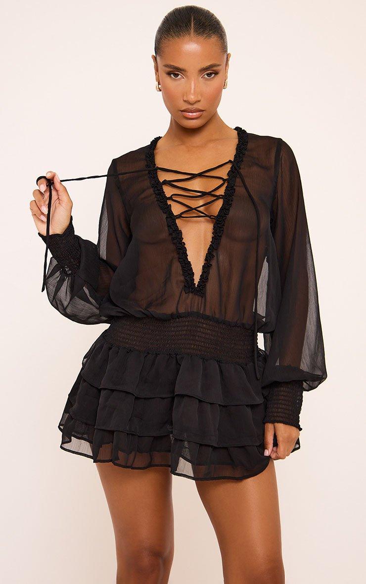 Long Sleeve Lace Up Front Frilled Mini Dress In Black | EGO AE | EGO