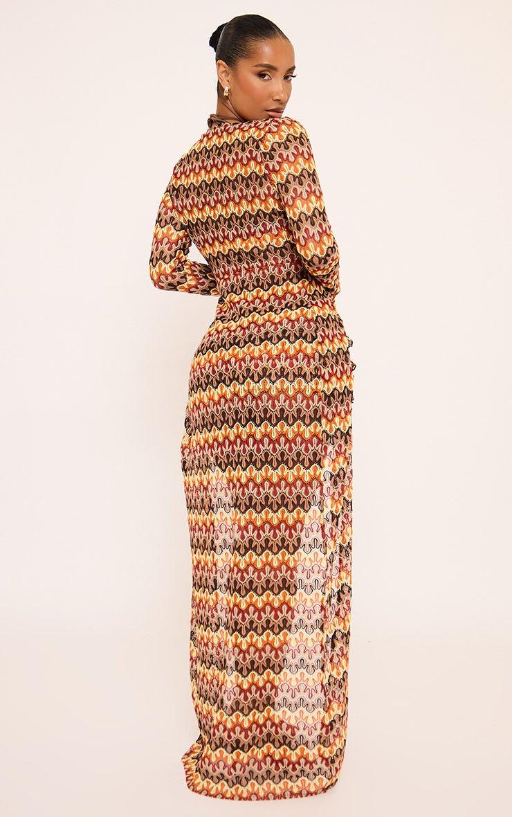 Long Sleeve Tie Front Maxi Top In Multi Abstract Print Crochet