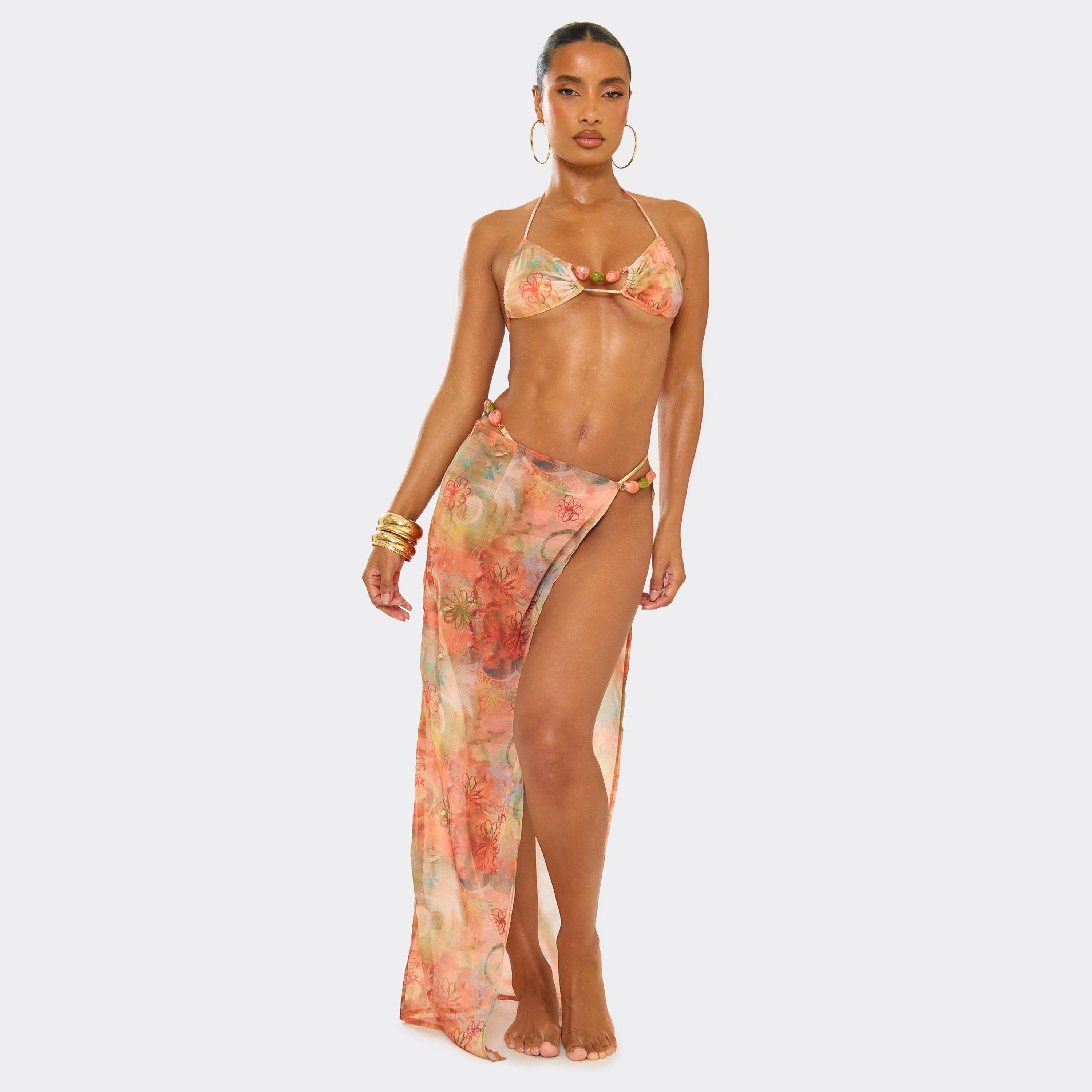 Chunky Beaded Detail Split Leg Maxi Skirt In Multi Abstract Print, Women's Size UK 12