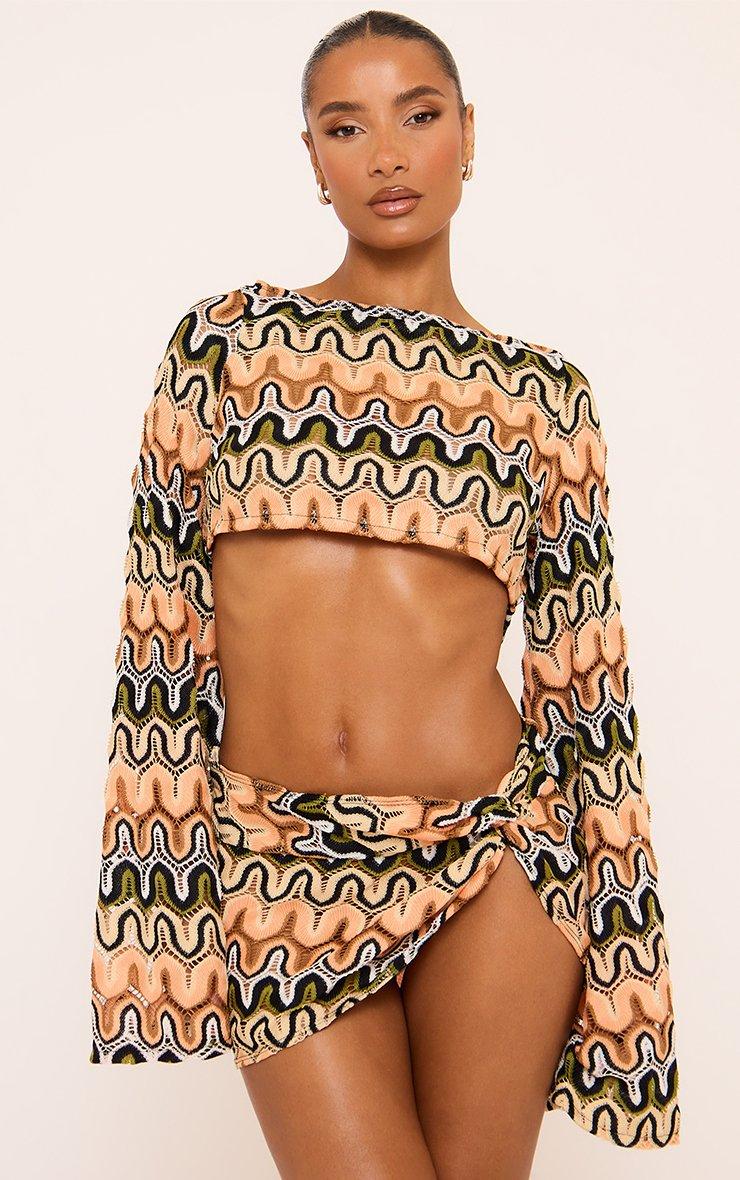Long Flared Sleeve Crop Top In Multi Wave Print Crochet | EGO US | EGO