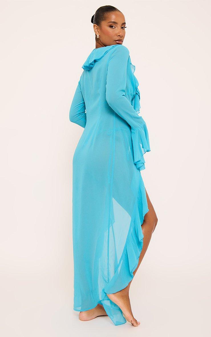 Long Sleeve Extreme Frill Detail Tie Front Kaftan In Blue | EGO US | EGO