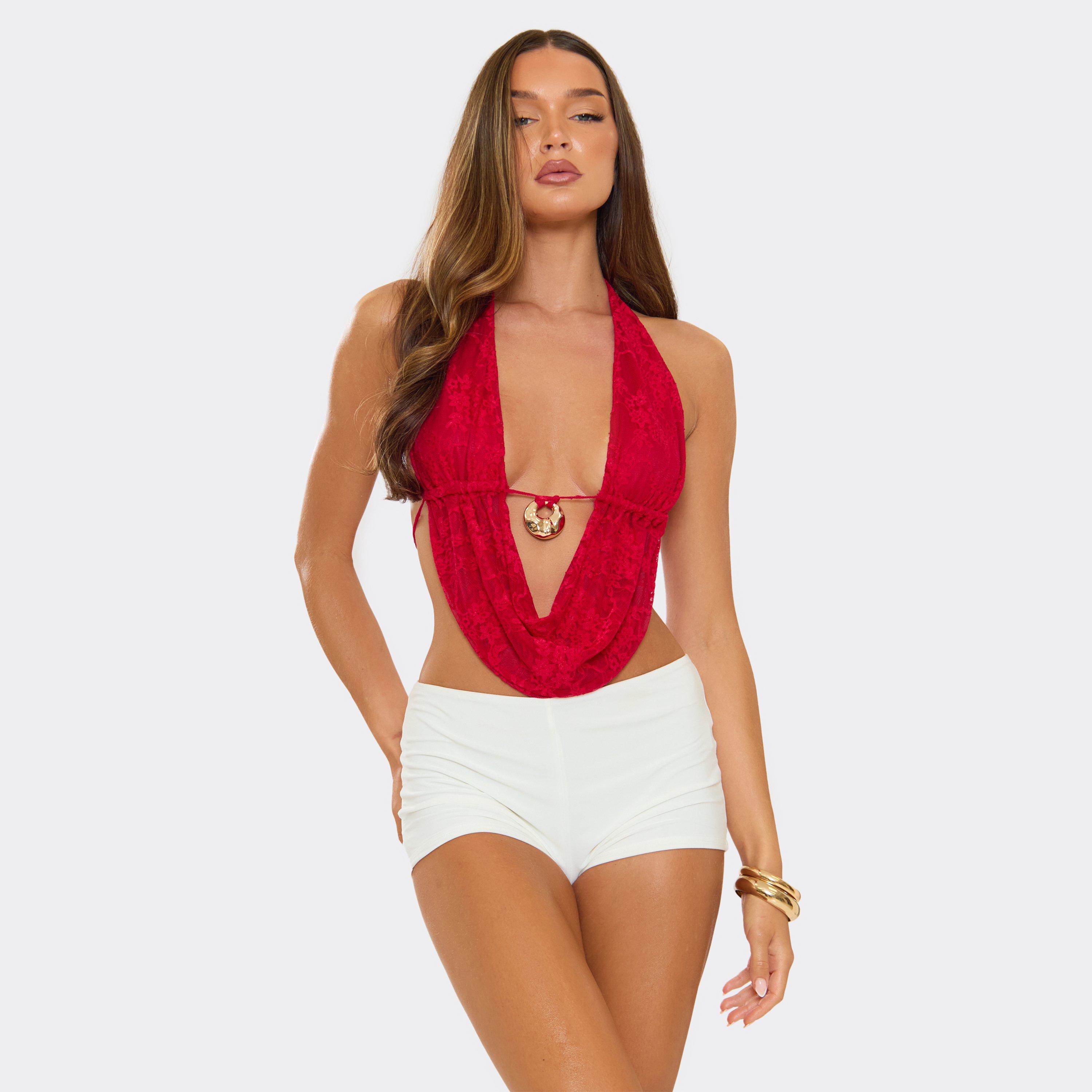 Cowl Halterneck Trim Detail Top In Red Lace, Women's Size UK 14