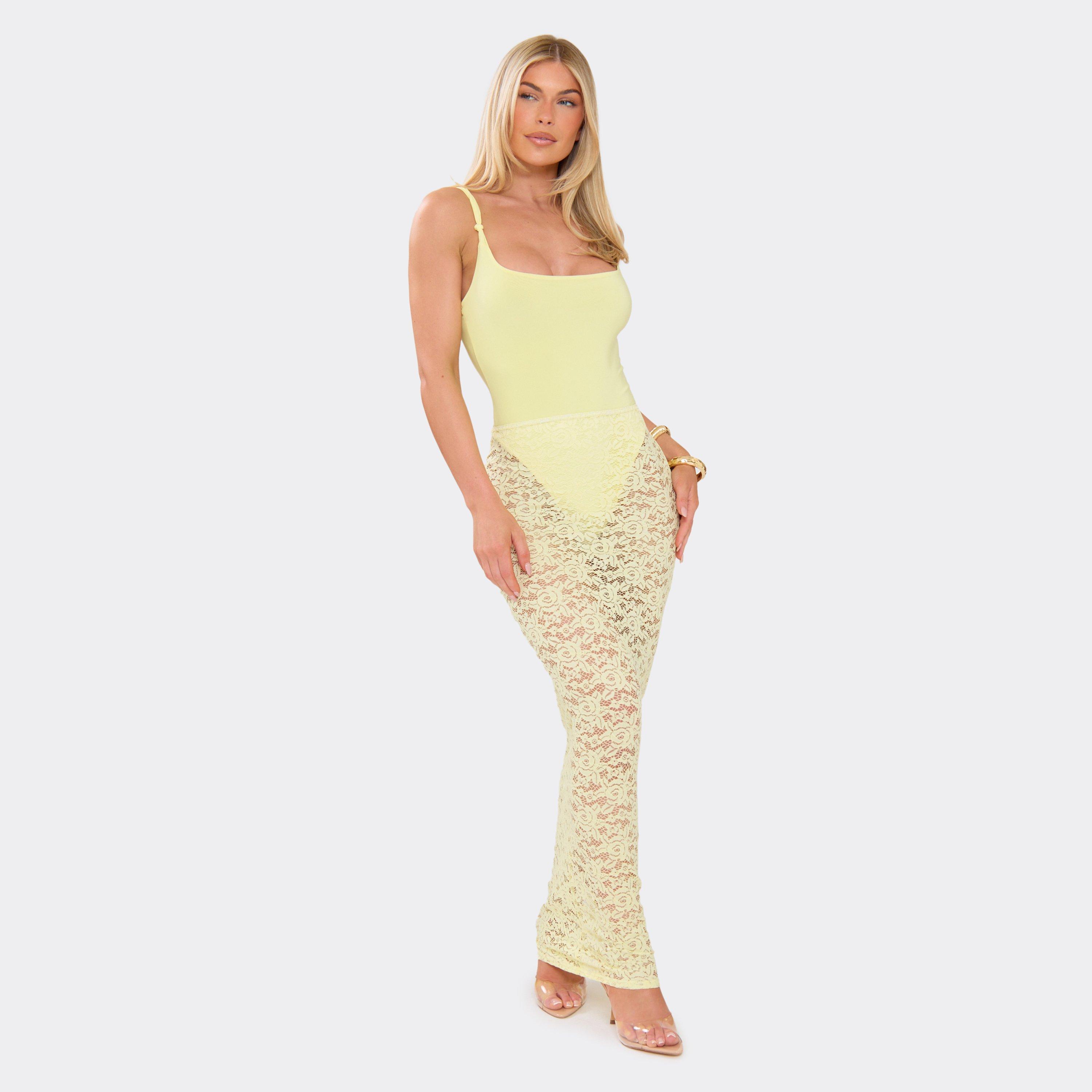 Low Waist Detail Maxi Skirt In Lemon Lace, Women’s