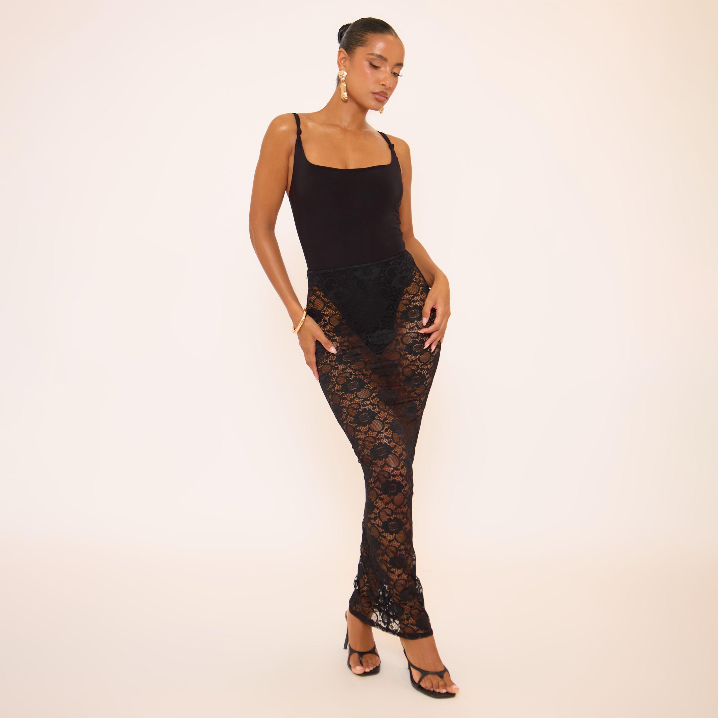 Low Waist Detail Maxi Skirt In Black Lace, Women’s