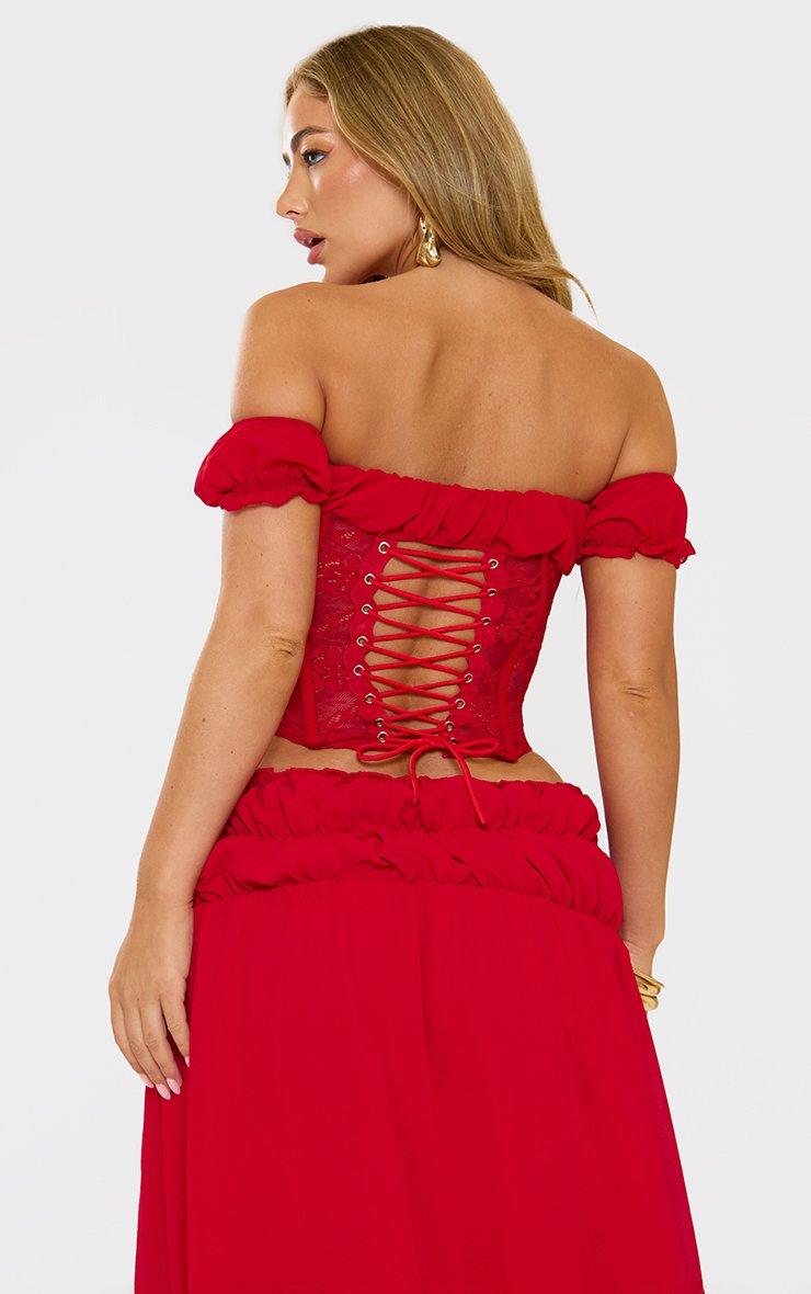 Square Neck Hook And Eye Detail Corset Top In Red Lace | EGO US | EGO