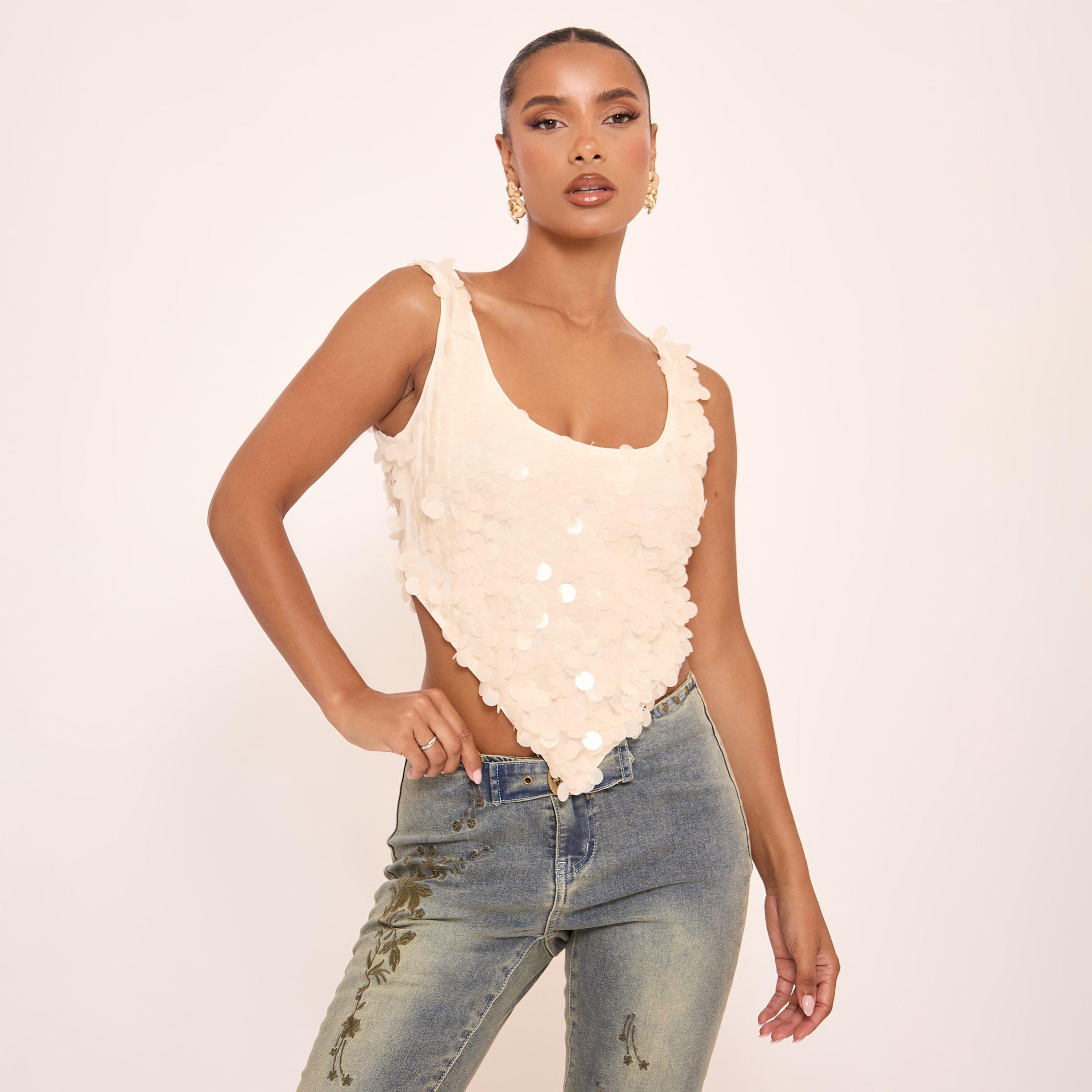 Halterneck Sequin Detail Pointed Hem Top In Cream, Women's Size UK 10
