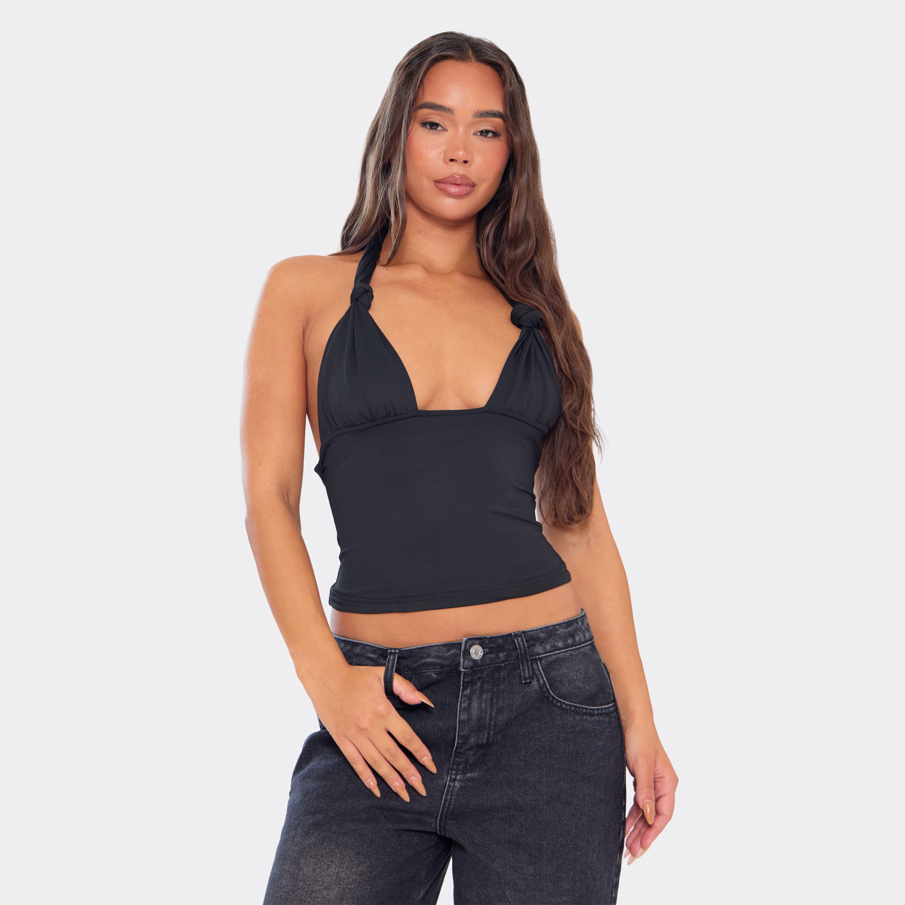 Image of Halterneck Knot Detail Top In Black Slinky, Women's
