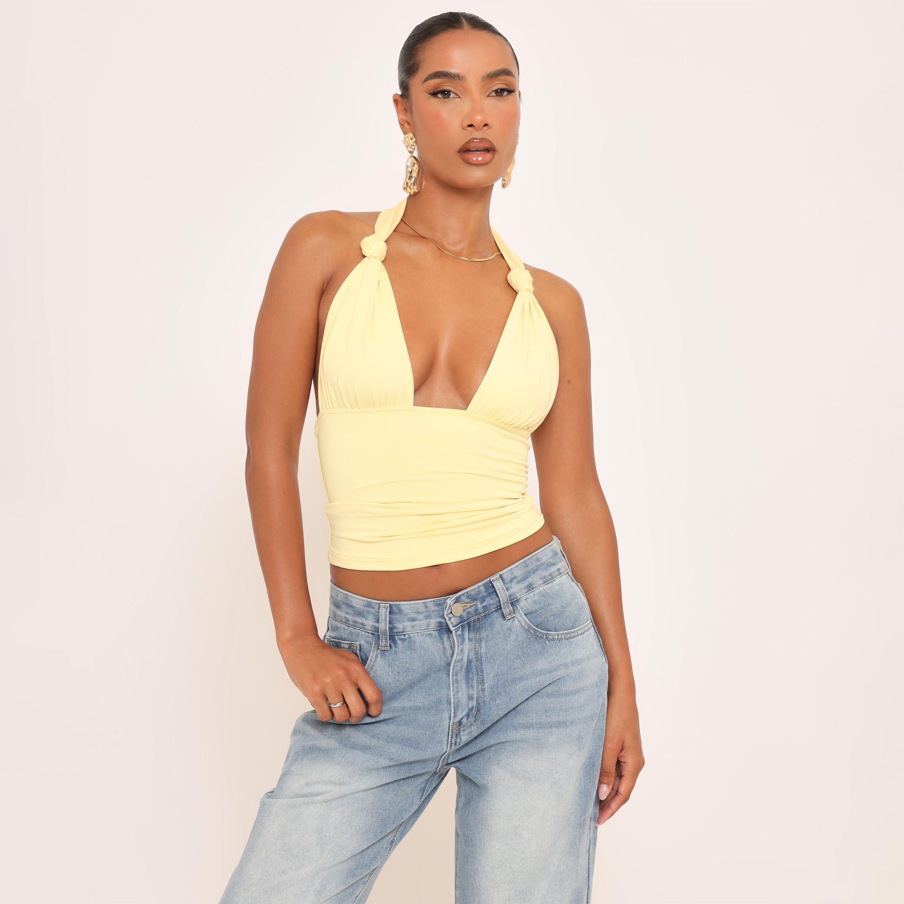 Image of Halterneck Knot Detail Top In Yellow Slinky, Women's