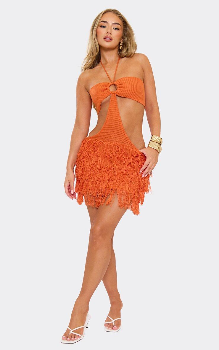 open lace back dress Ashley Lauren 4438 Size 14 Neon Orange Cocktail Dress Long Sleeves Fringe Trim On Hem and Slit