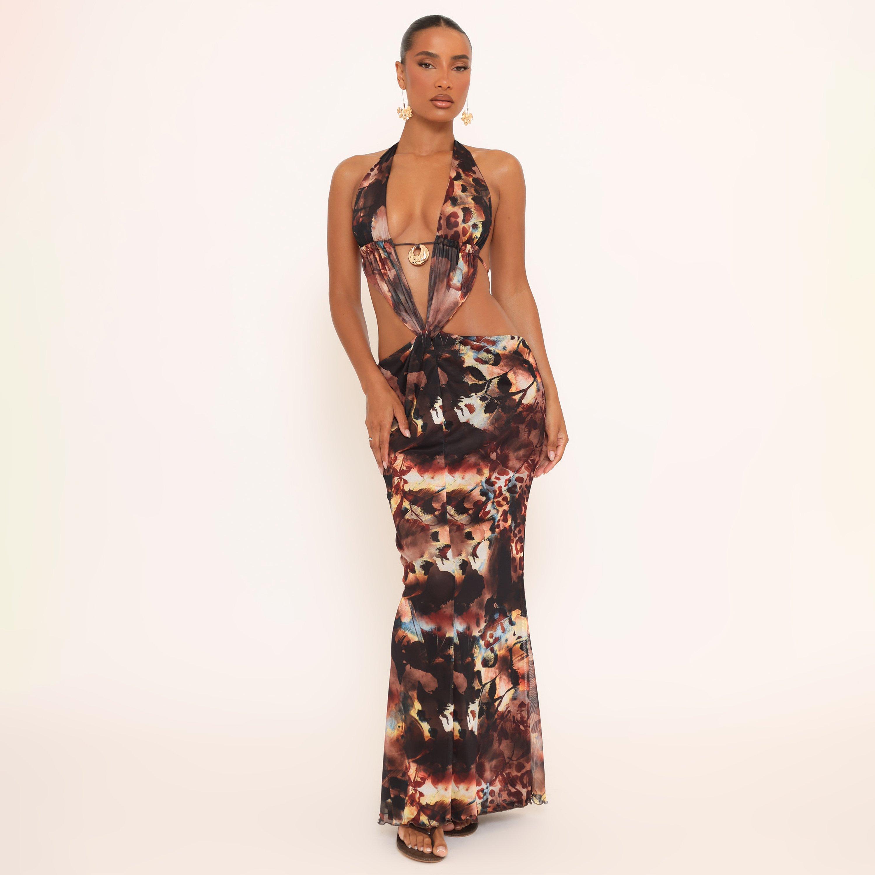 Halterneck Cut Out Twisted Trim Detail Maxi Dress In Brown Abstract Print, Women’s