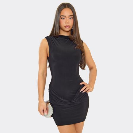 High Neck Shoulder Pad Draped Front Mini Dress In Black, Women's Size US