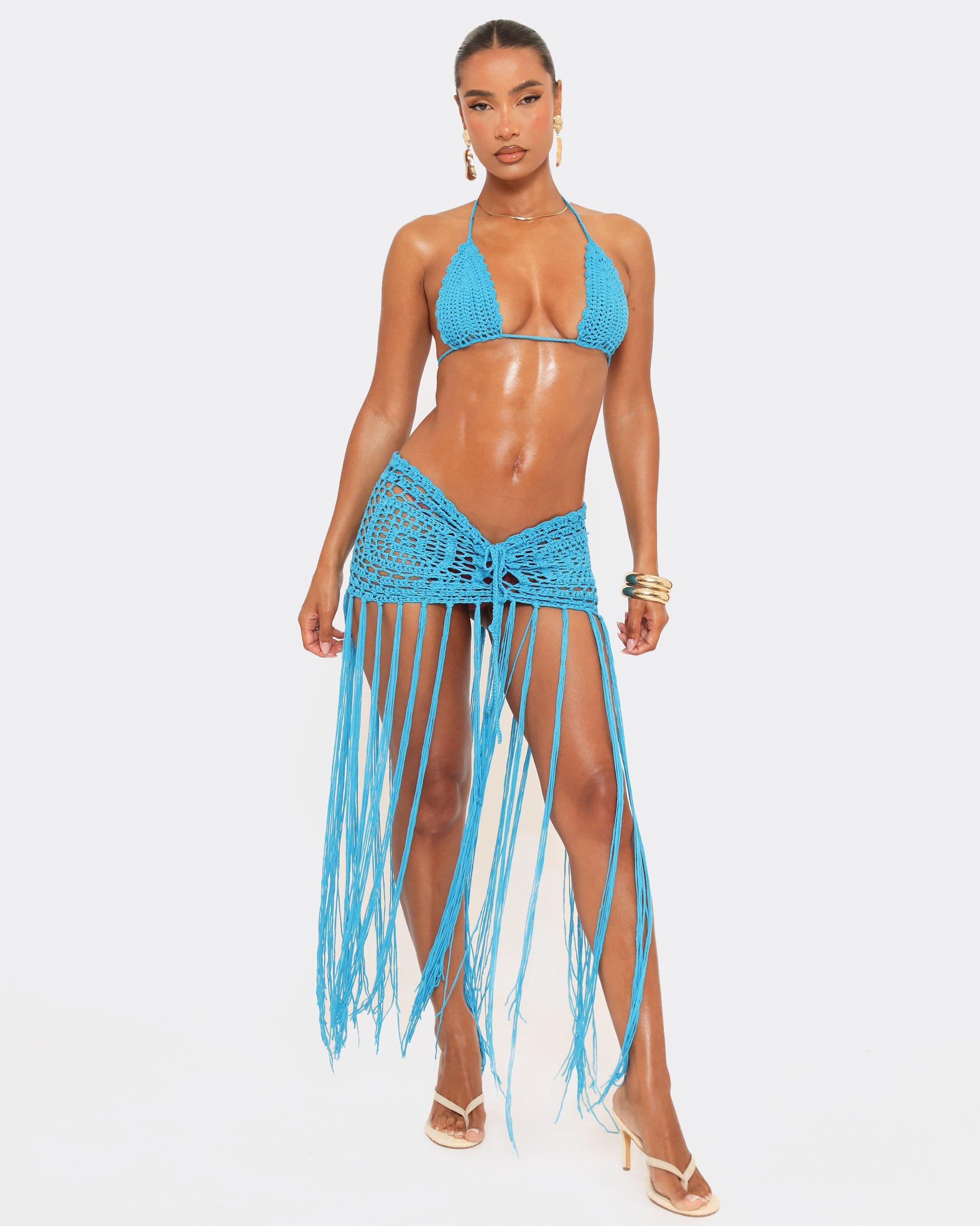 Triangle Bikini And Tassel Detail Mini Skirt Co-Ord Set In Blue