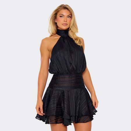 High Neck Open Back Layered Frill Hem Mini Dress In Black, Women's Size US