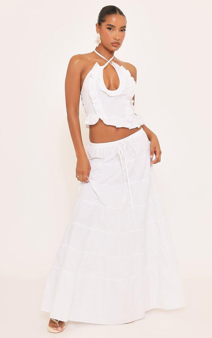 Halterneck Frill Detail Asymmetric Top And Tiered Maxi Skirt Co