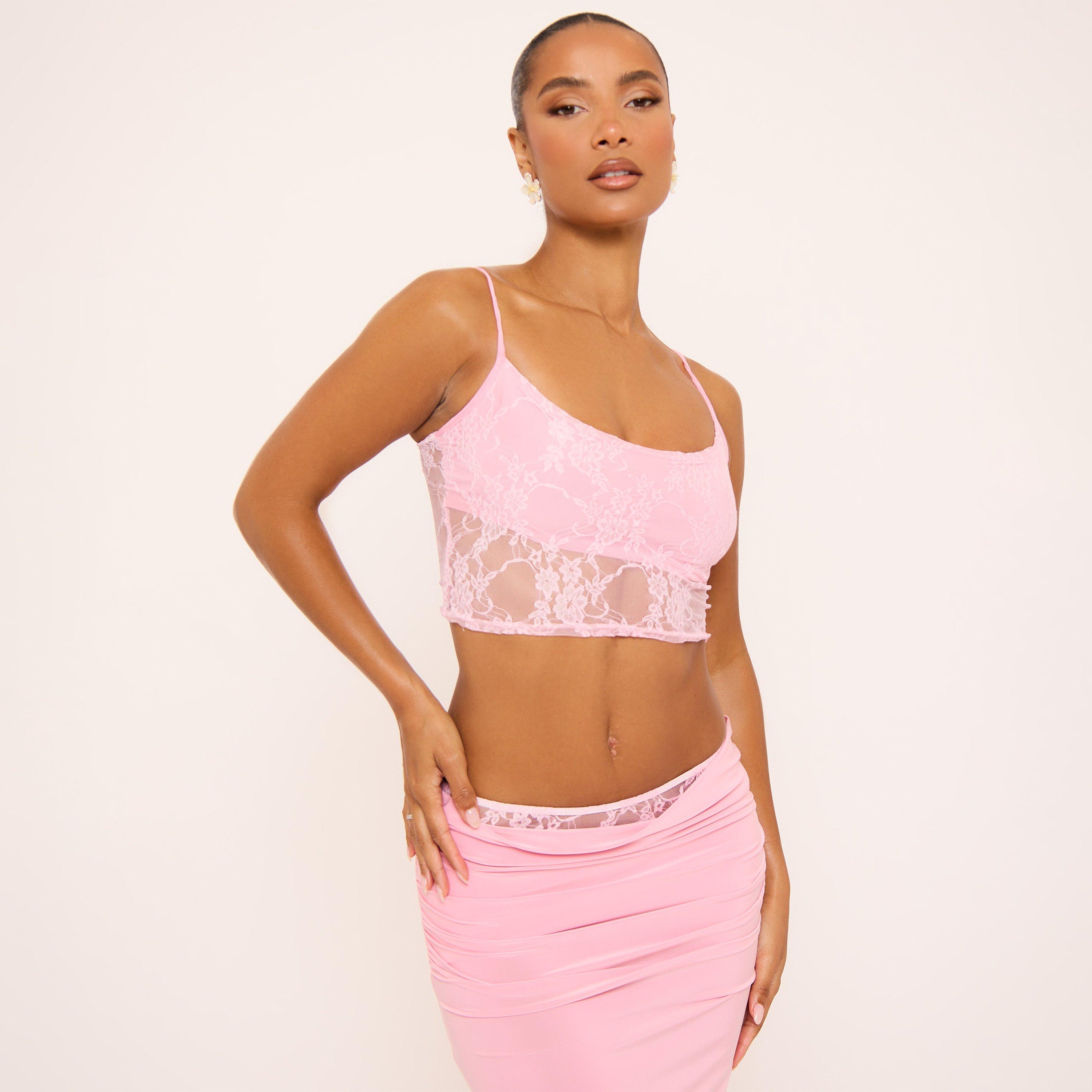 Strappy Crop Top In Pink Lace, Women's Size UK 16