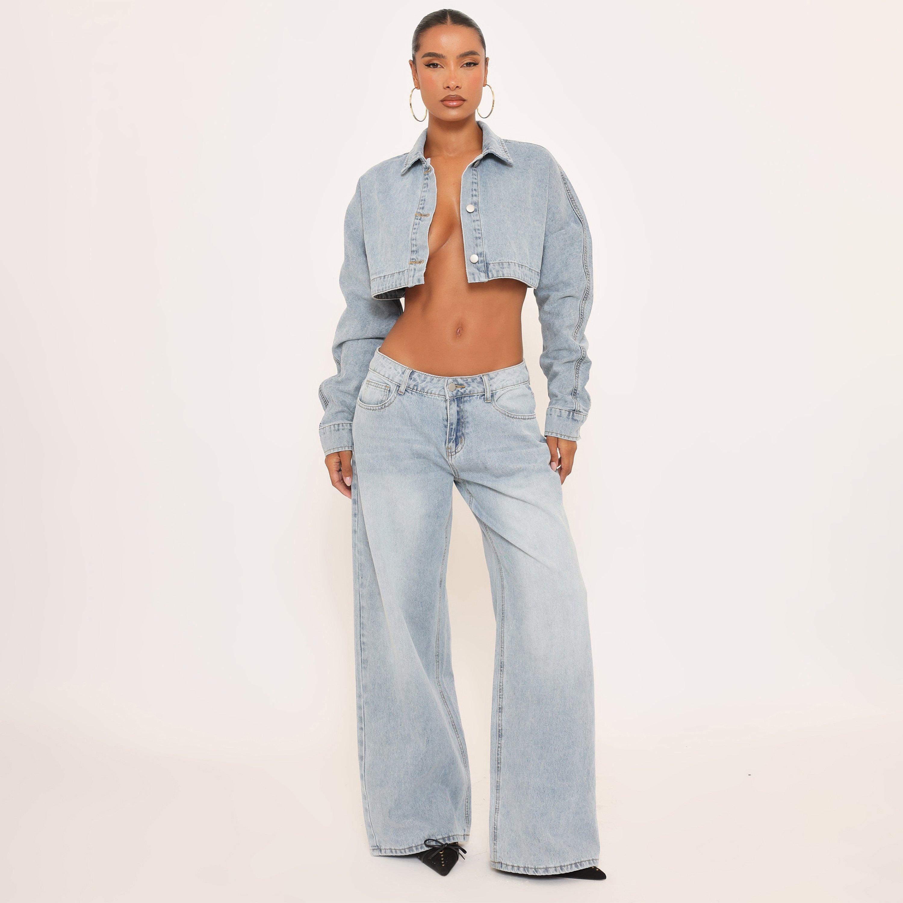 Image of Extreme Low Rise Wide Leg Jeans In Light Blue Denim, Women's