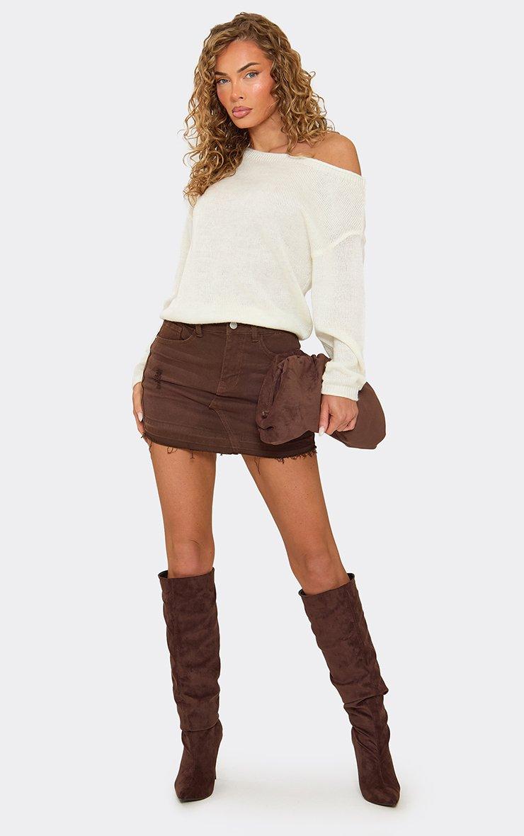 Low Rise Distressed Hem Detail Mini Skirt In Brown Denim.